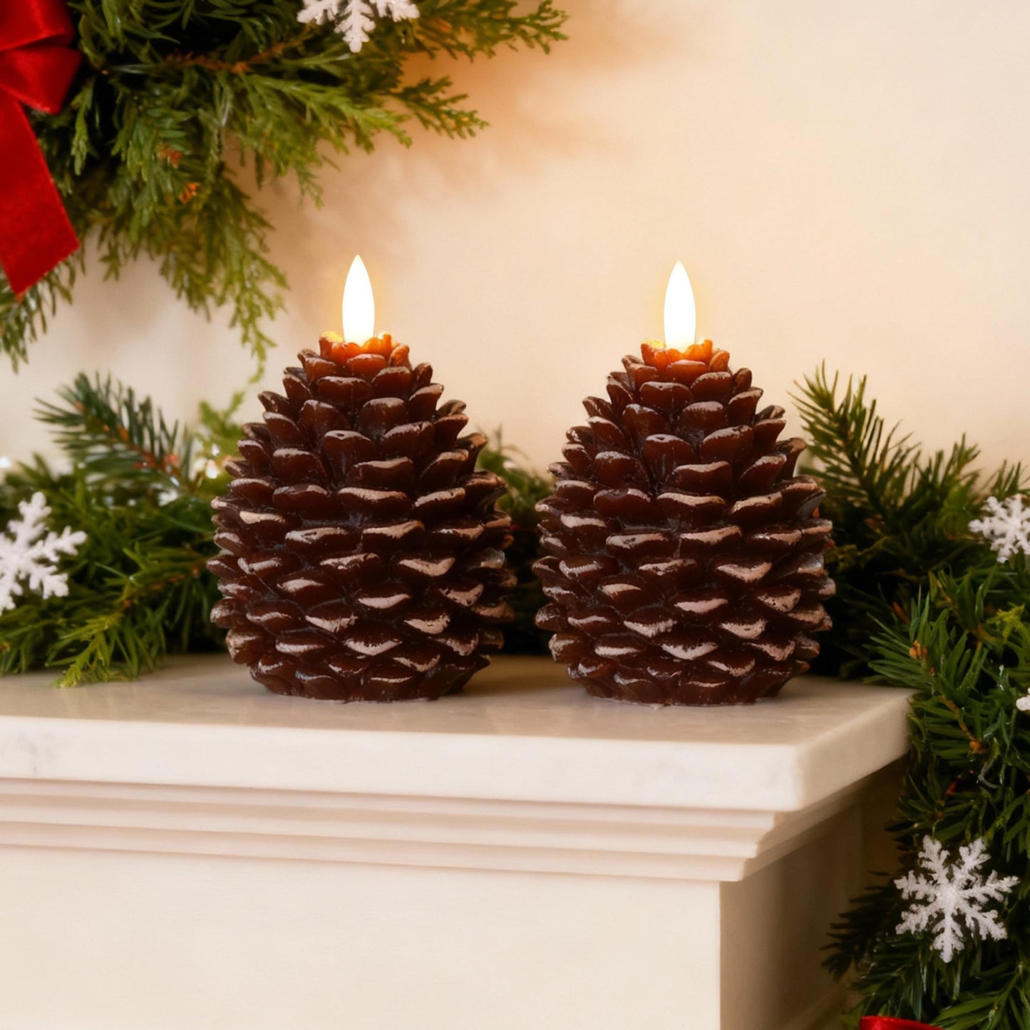 SEHNSY Christmas Flameless Pinecone Candles with Remote,Real Wax Battery Operated Candles, Flickering Led Pine Cone Candle for Xmas Holiday Winter Home Decoraction, 2 Pack