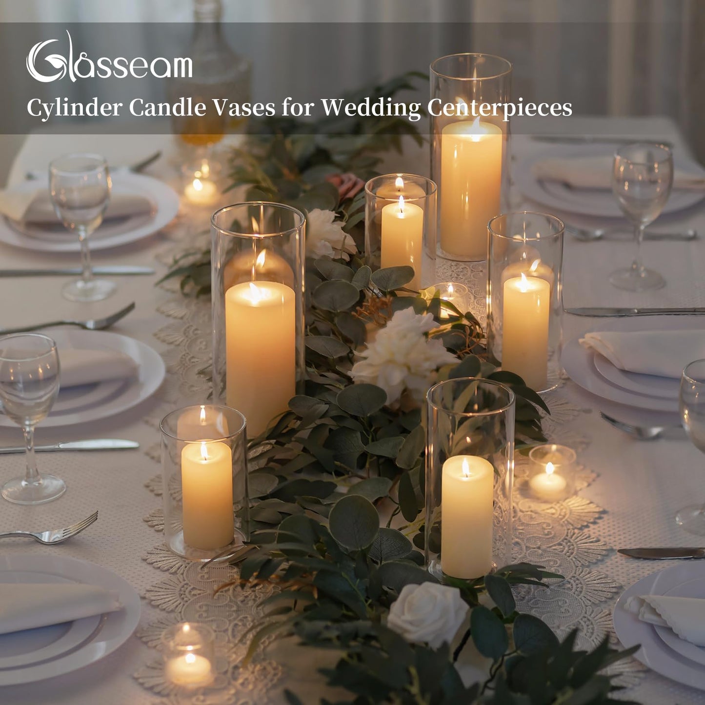 Glasseam Hurricane Glass Candle Holders: 6 Pcs Clear Cylinder Vases for Centerpieces Large Pillar Candle Holder for Floating Candles Set Modern Home Decor Wedding Table 5.3'' 7.3'' 9.5'' Height