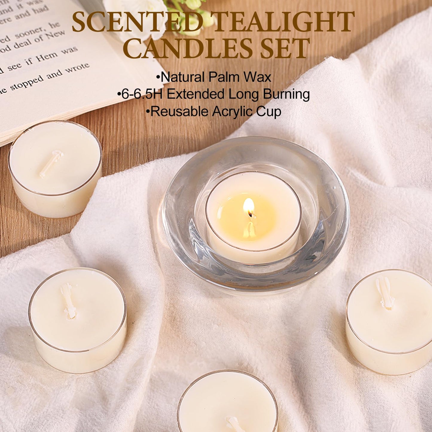 Jasmine Scented Tealight Candles – 14 Pack, 100% Pure Palm Wax, 6-Hour Burn, White Floral Aromatherapy Tea Lights for Romance, Relaxation, Home Spa, Clean Burn & Smokeless