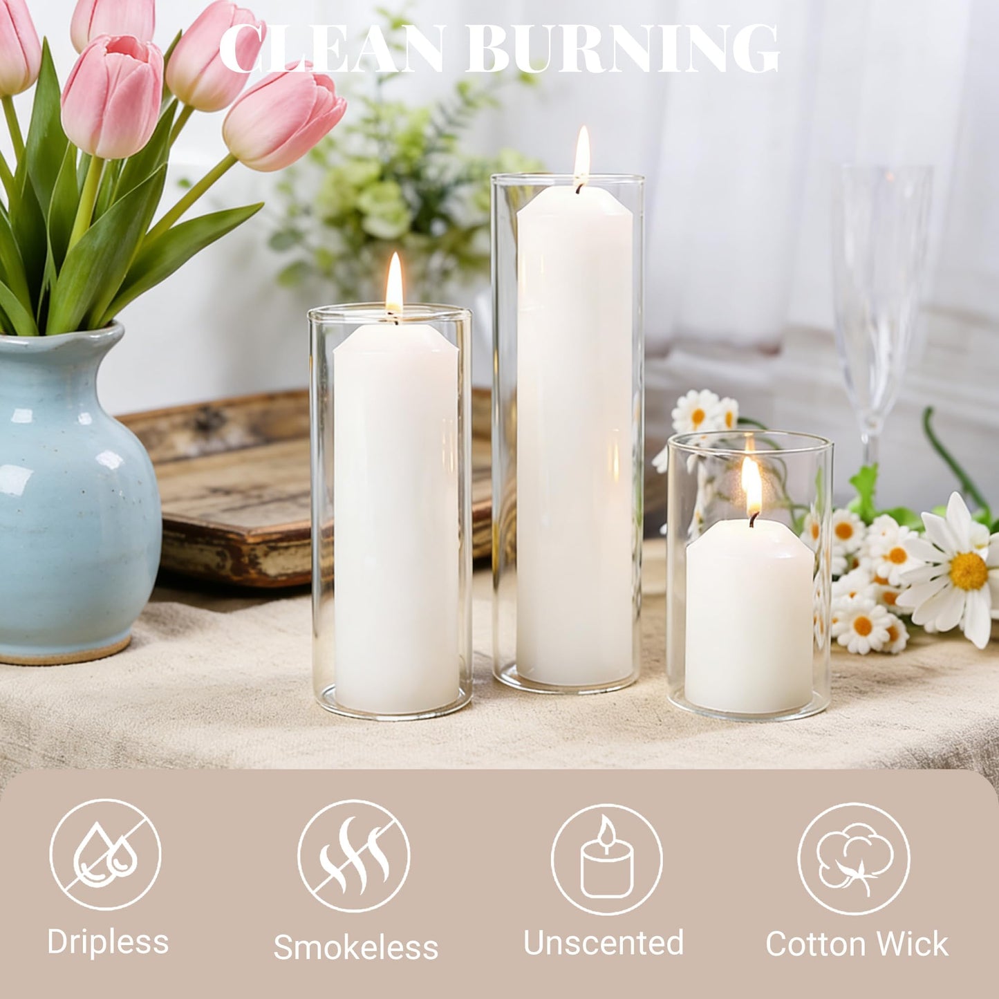 HTTBEIZI Pillar Candles Bulk Set - Unscented, Smokeless, Dripless | 3 Sizes: 2x3, 2x6, 2x8 Inches | Ideal for Weddings, Christmas & Home Decor (36, White)