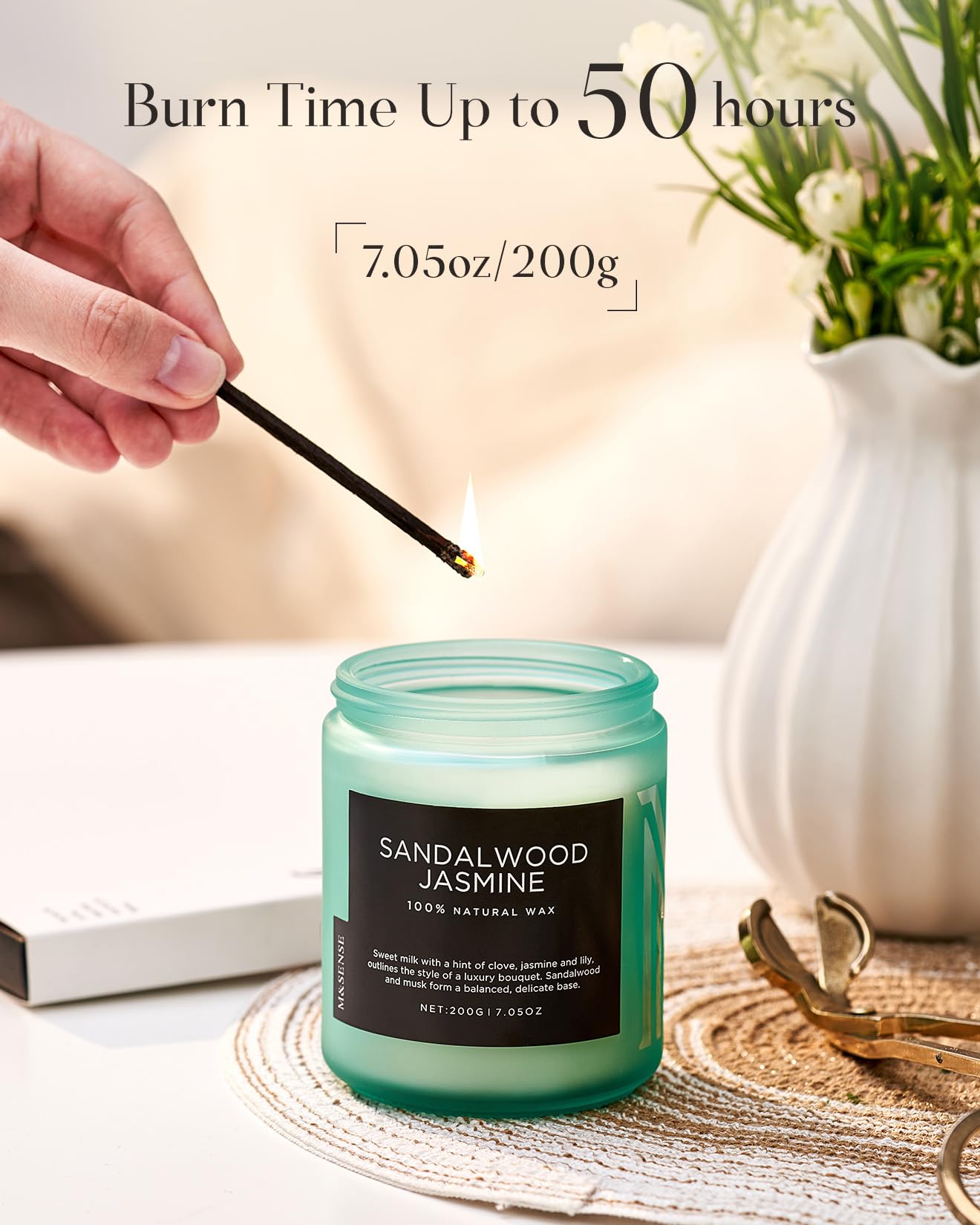 M&SENSE Sandalwood Jasmine Scented Candles for Home, 7.05oz Organic Soy Wax, 50 Hours Natural Candles Non Toxic, Spring Floral Smelling Home Fragrance for Women, Aromatherapy Gifts for Stress Relief