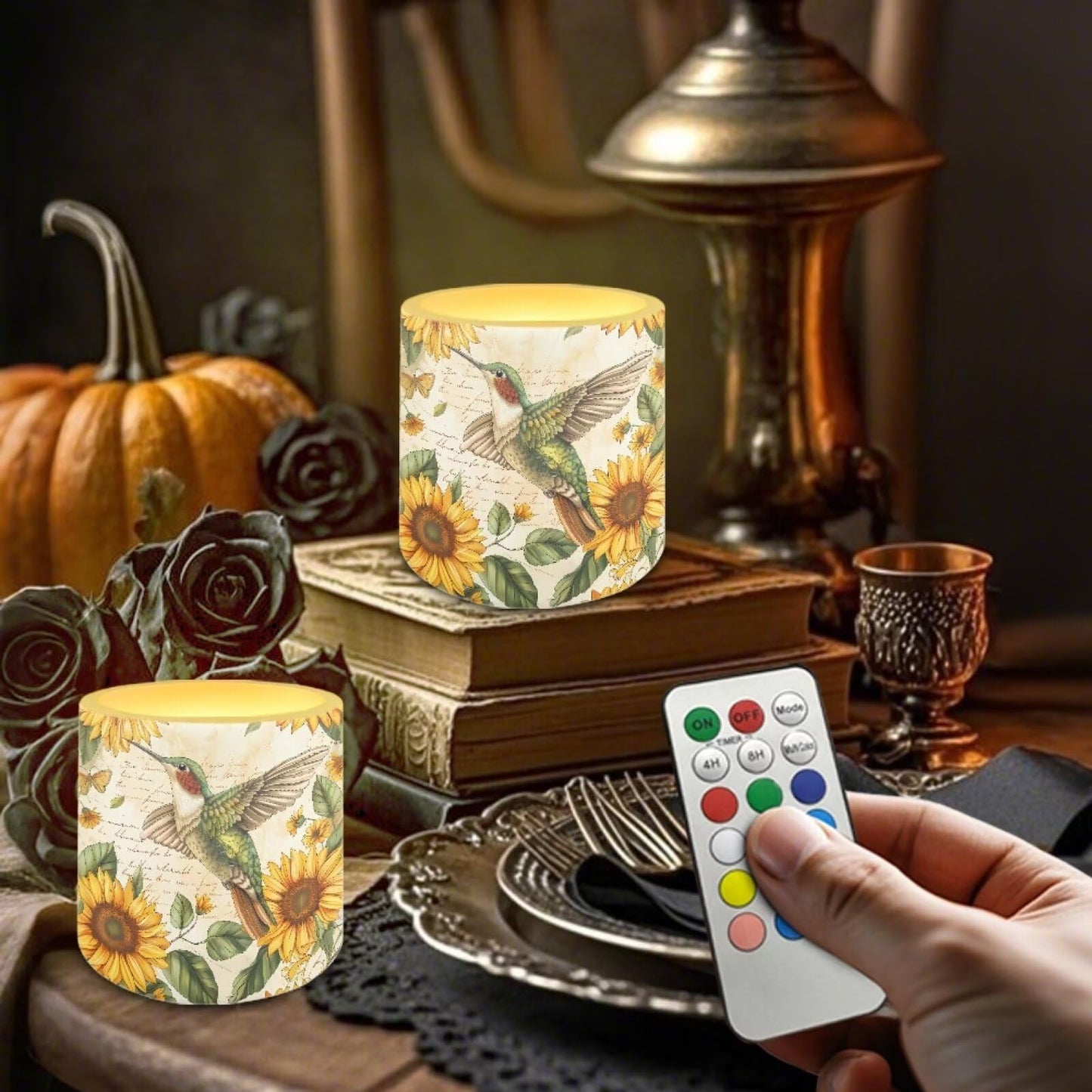 Cozeyat Sunflower Bird Flameless Candles 4 Pack Battery Operated LED Pillar Candles with Remote Control Timer Waterproof for Indoor Outdoor Use