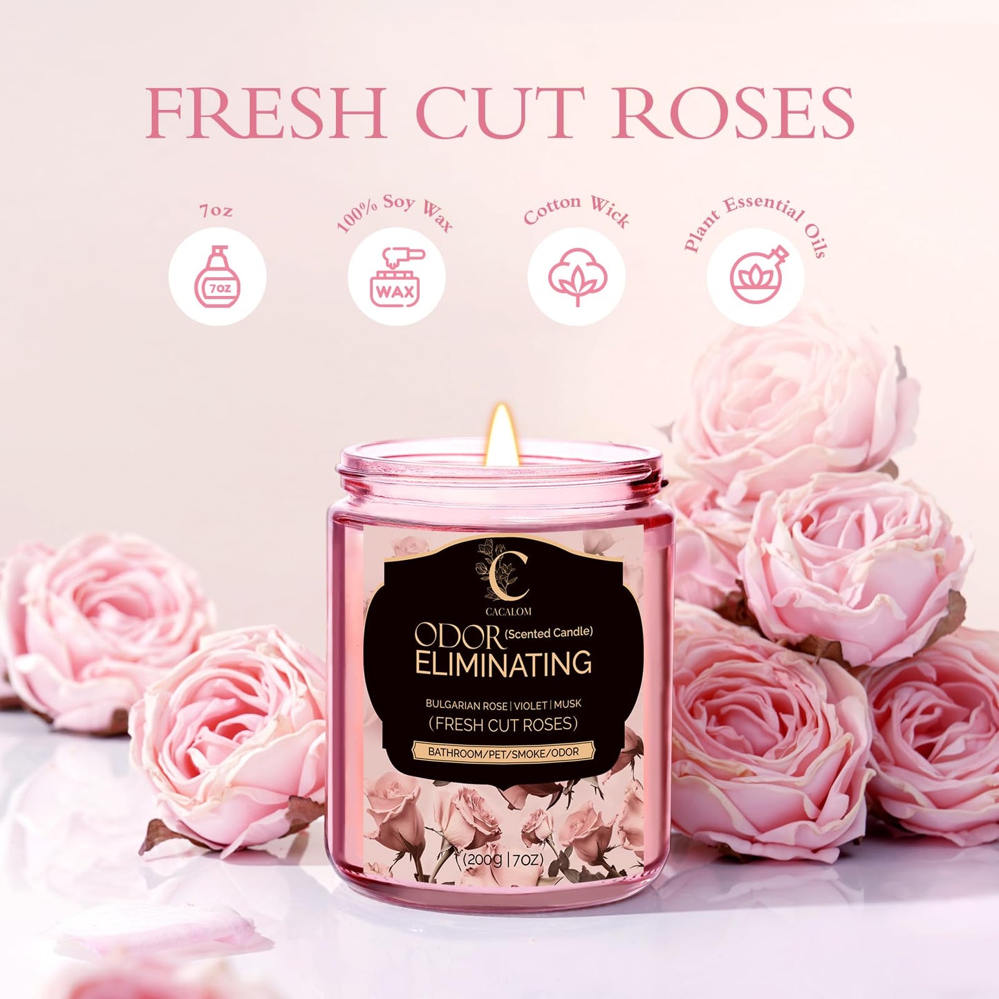 Rose Odor Eliminating Candles, Pet Scented Candles for Home, Single Wick Soy Candle Gifts for Women, Men, Ideal for Creating Relaxing Atmosphere, Over 50 Hours of Burn Time