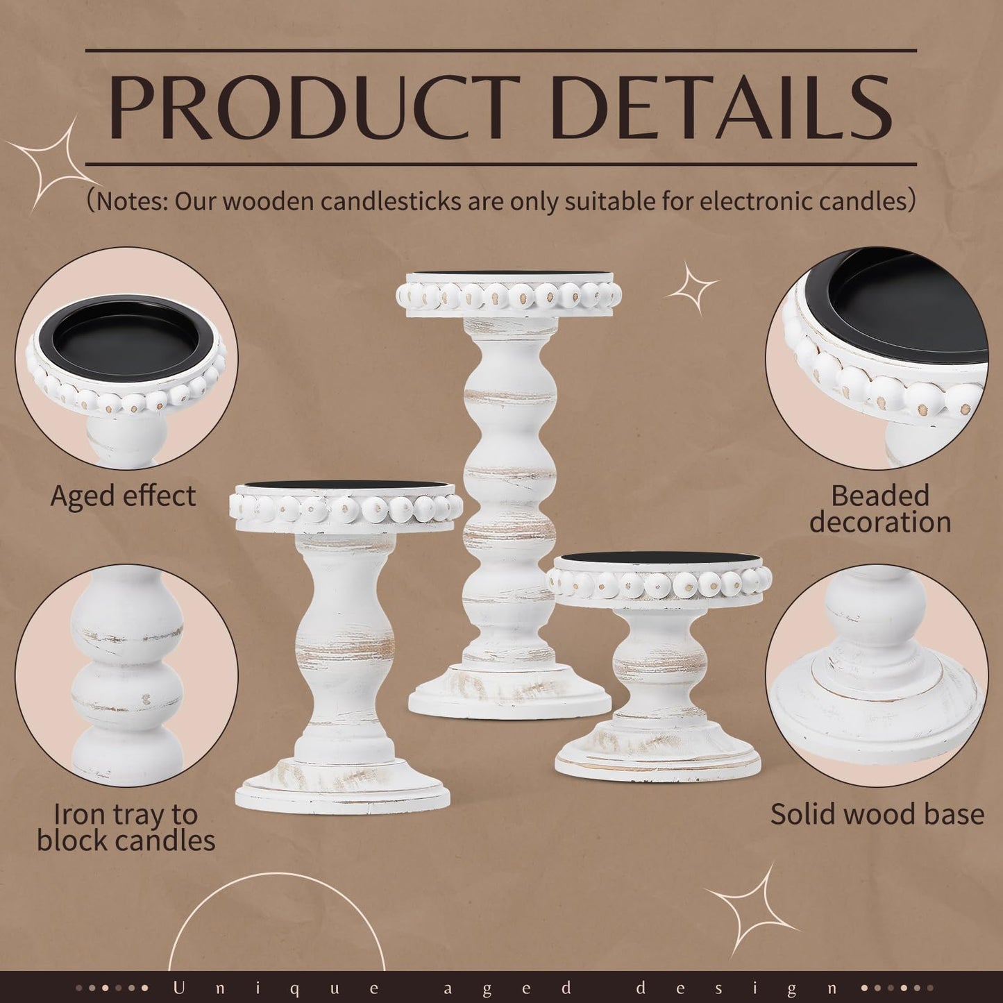 Mumufy 3 Pcs Candle Holders for Pillar Candles Rustic Farmhouse Home Decor Decorative Washed Beaded White Black Wood Candle Holder Country Style for Table Mantel Fireplace Wedding (White,Small)