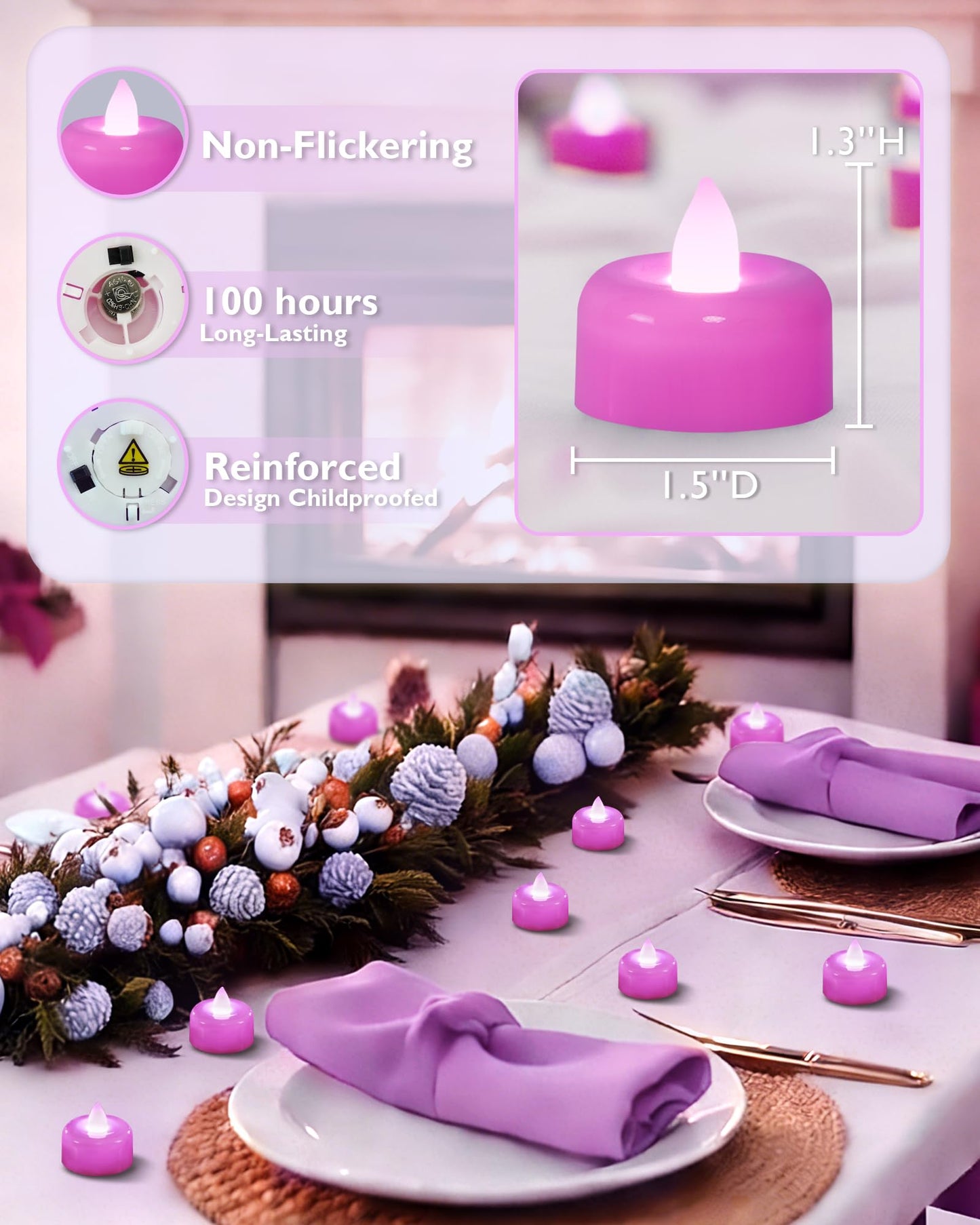 Amagic 24 Pack Light Purple Flameless LED Tea Lights Candles Battery Operated, Electric Fake Tealight Candles for Easter, Wedding, Table Centerpiece, Party, Anniversary, Proposal, Christmas, Birthday