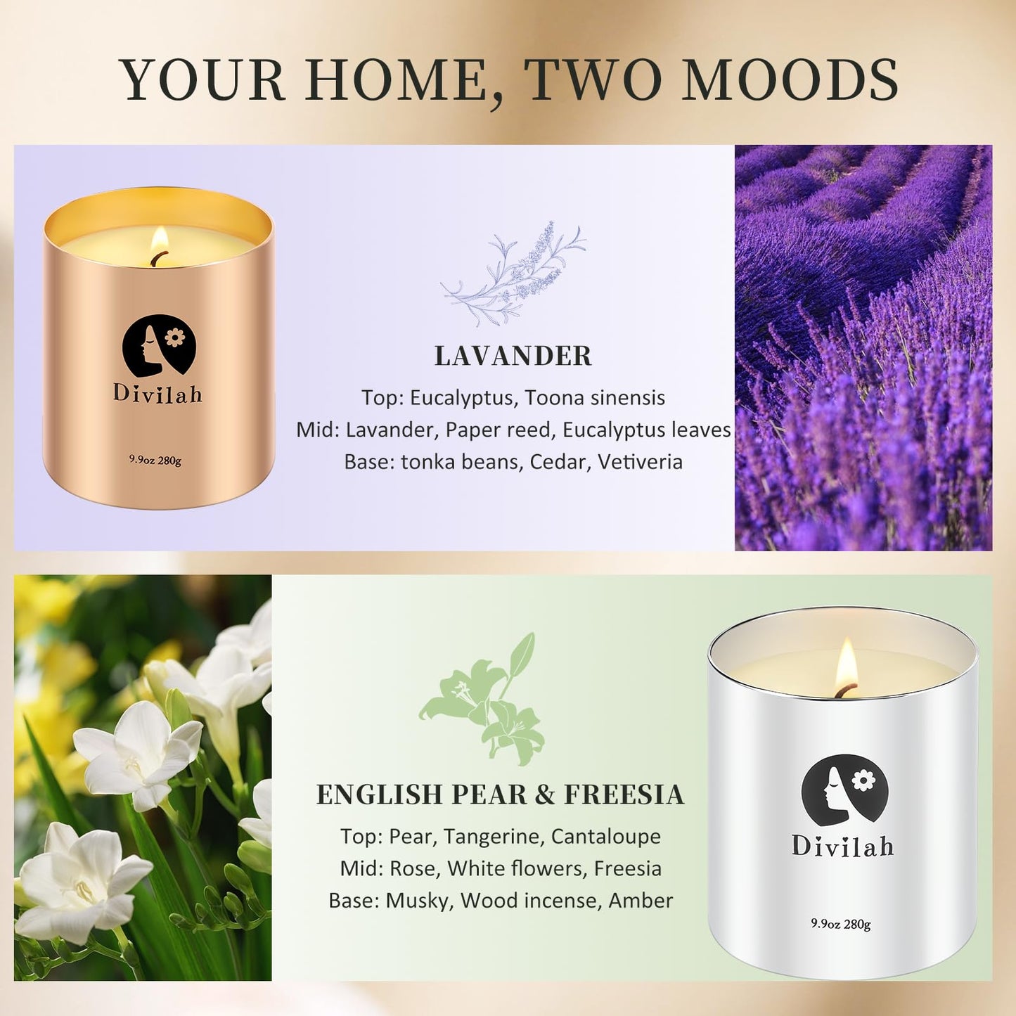 Divilah Scented Candles Set 4 Pack, Lavender & English Pear Freesia, 260H Burn Long-Lasting Natural Soy Wax Candles with Essential Oils for Home Relaxation, Stress Relief, Gifts for Women & Men, 39oz