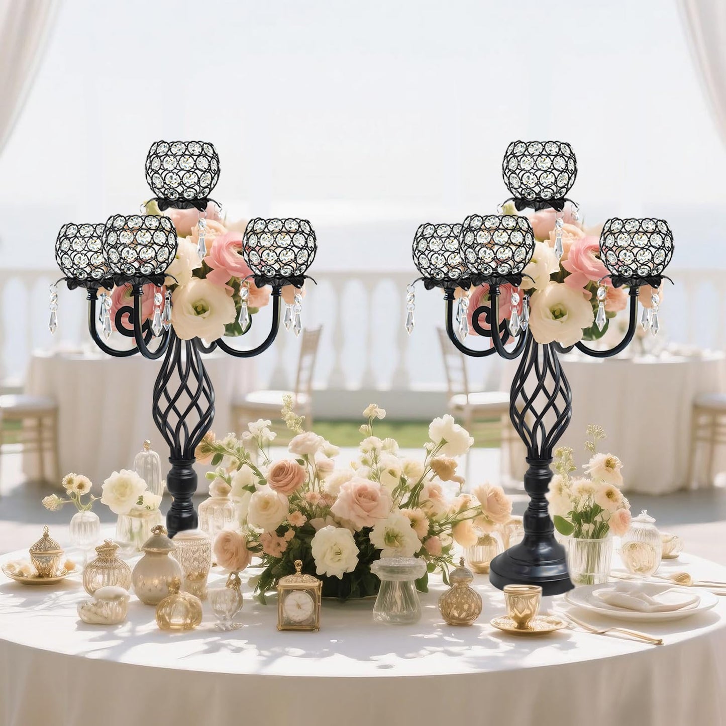 Kehail 5-Arm Crystal Candelabra Centerpiece 23.2" Tall - Elegant Candle Holder Stand with Crystal Bowl, Chic Table Decor for Weddings, Parties, Anniversary & Home Decoration (4, Black)