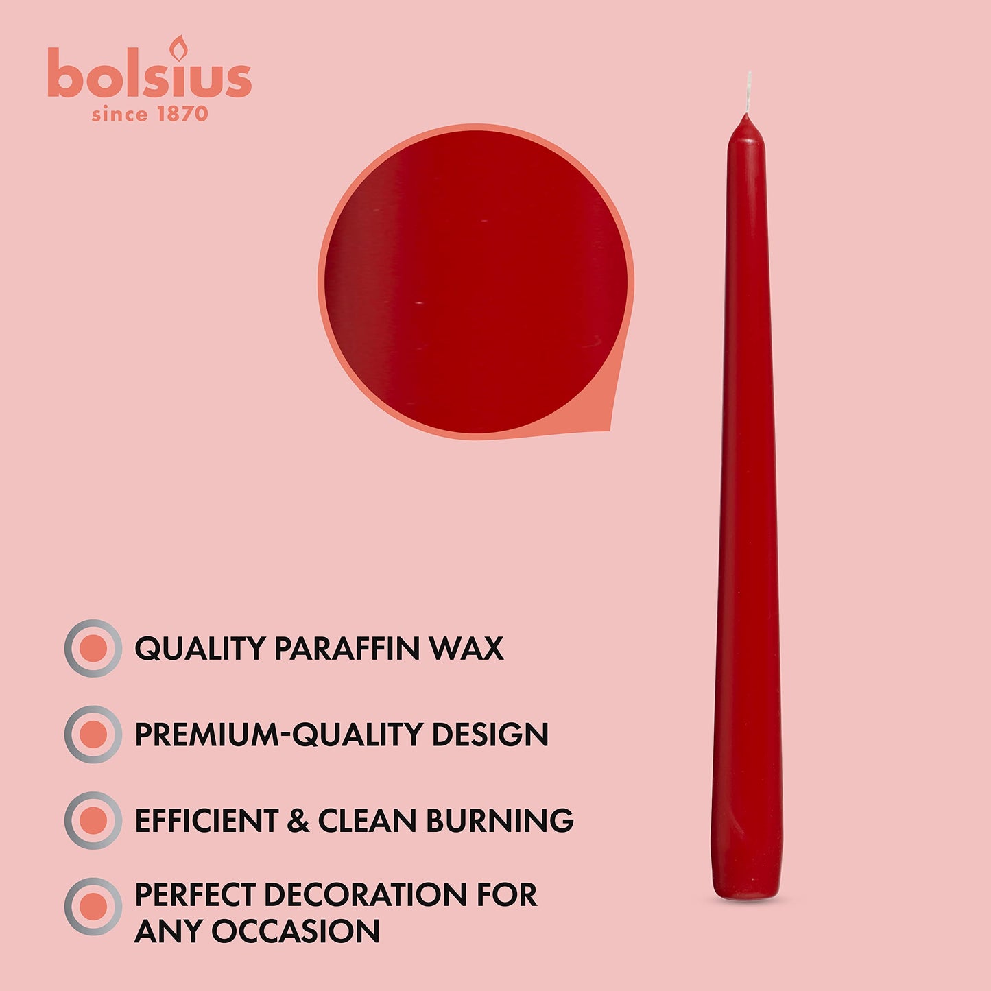 BOLSIUS Red Taper Candles - 4 Pack Unscented 10 Inch Dinner Candle Set - 8 Hours Burn Time - Premium European Quality - Smokeless and Dripless Household, Wedding, Party, and Home Decor Candlesticks