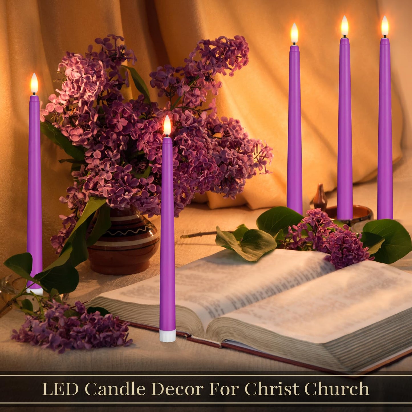 Macarrie 24 Packs Flameless Taper Candles Battery Operated Fake 11 Inch Long Candle Light LED Flameless Candlesticks Flickering Tapered for Wedding, Halloween, Christmas(Purple)