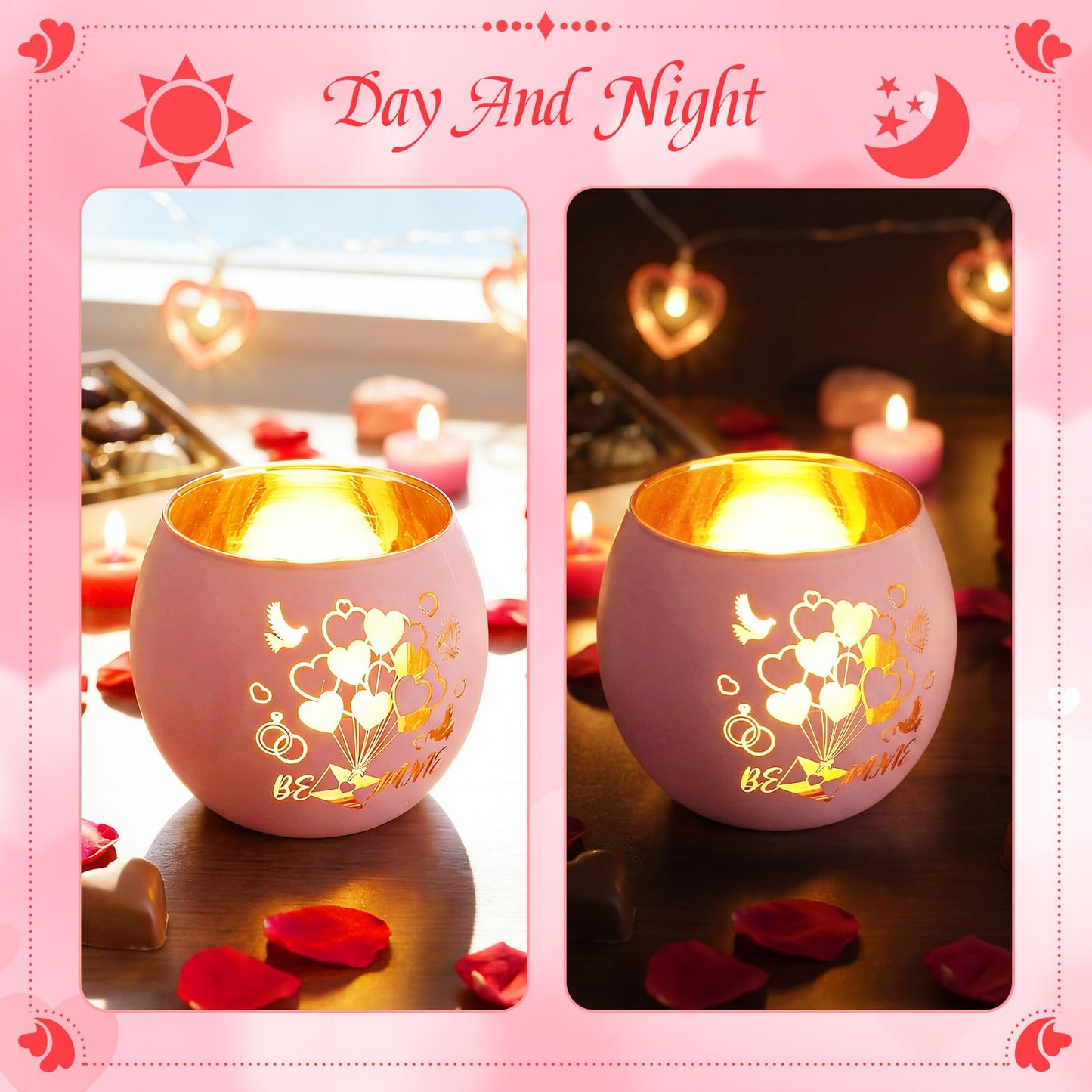 VIHOSE 6 Set Valentine's Day Tealight Candle Holders with 6 LED Battery Operated Candles Valentines Glass Tealight Holders Valentine Table Decorations for Home Table Centerpiece Decor Gifts