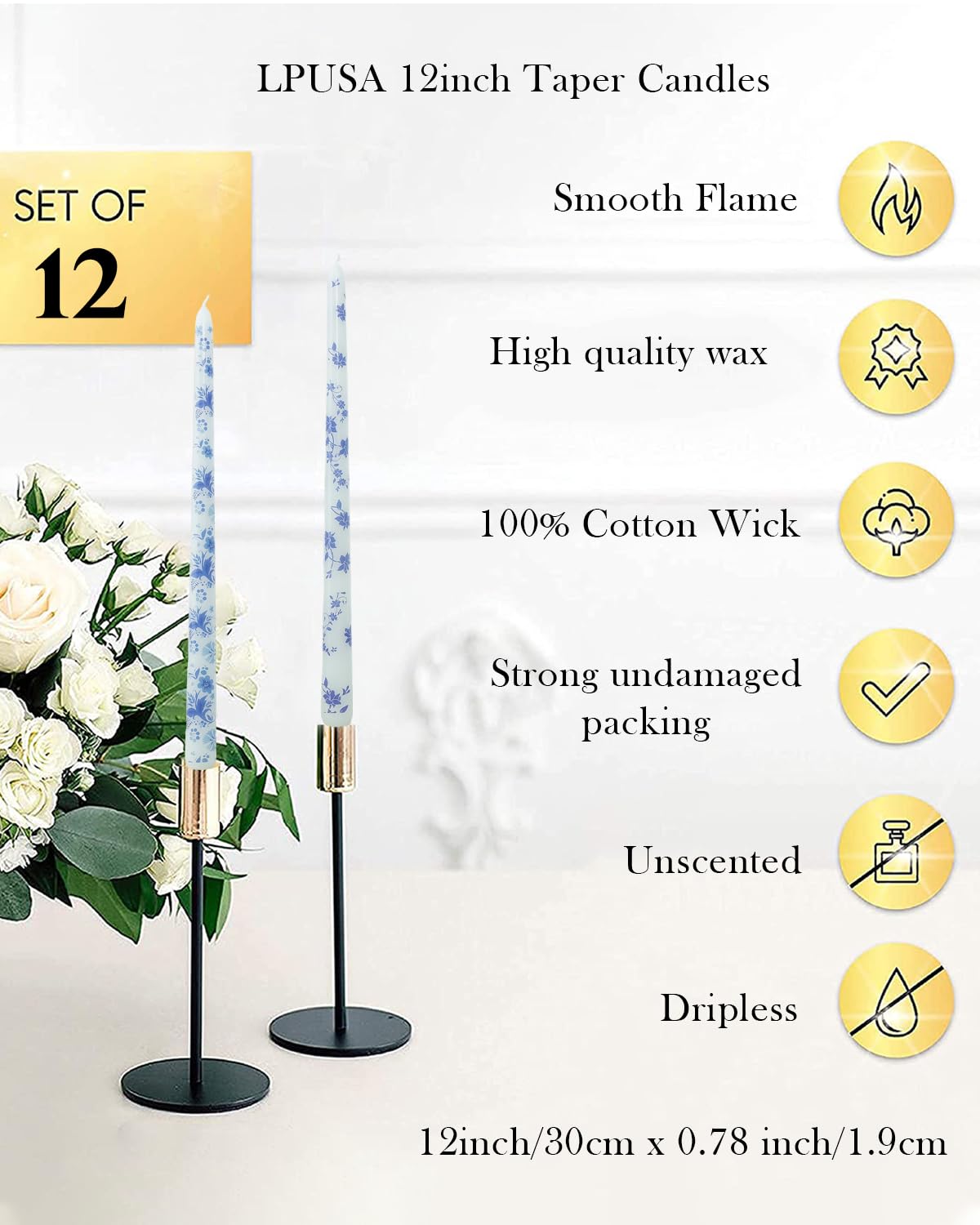 LPUSA 12inch Blue and White Porcelain Long Taper Candlesticks Chinoiserie Dripless Candle Decorations Unscented Taper Candles for Party Gift Home Decor-12 pcs