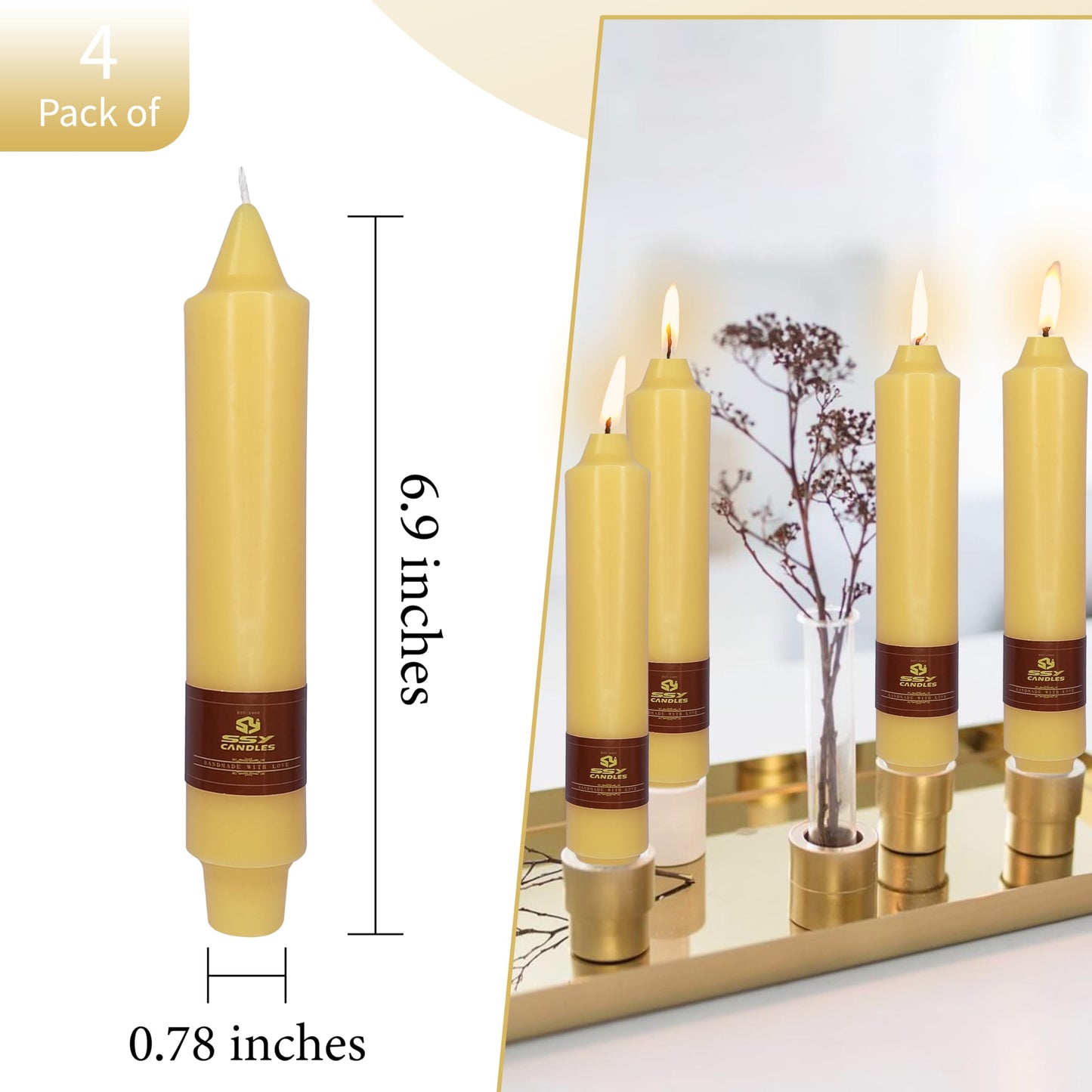 Beeswax Taper Candles 7 inch Beeswax Taper Candlesticks 4 PCS Short Candlesticks Smokeless Tapered Candle for Home Dinner Party Decoration - 8 Hour Burn Time
