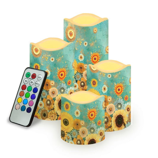 Cozeyat Sunflower Flameless Candles 4 Pack Battery Operated LED Pillar Candles with Remote Control Timer Color Changing for Wedding Home Decoration