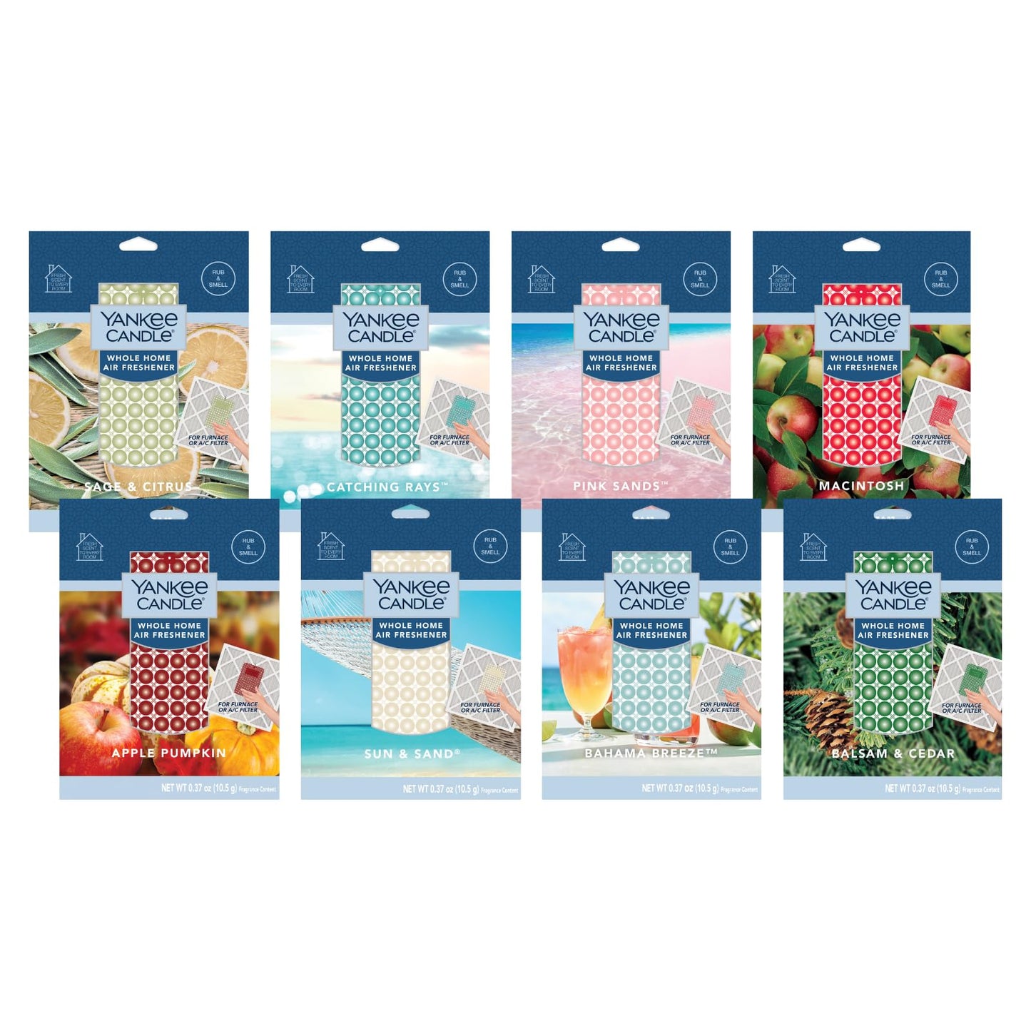 Yankee Candle Whole Home Air Feshener Variety Pack (Macintosh, Pink Sands, Catching Rays, Sun and Sand, Apple Pumpkin, Balsam Cedar, Sage Citrus, & Bahama Breeze) (1ea / Pack of 8)