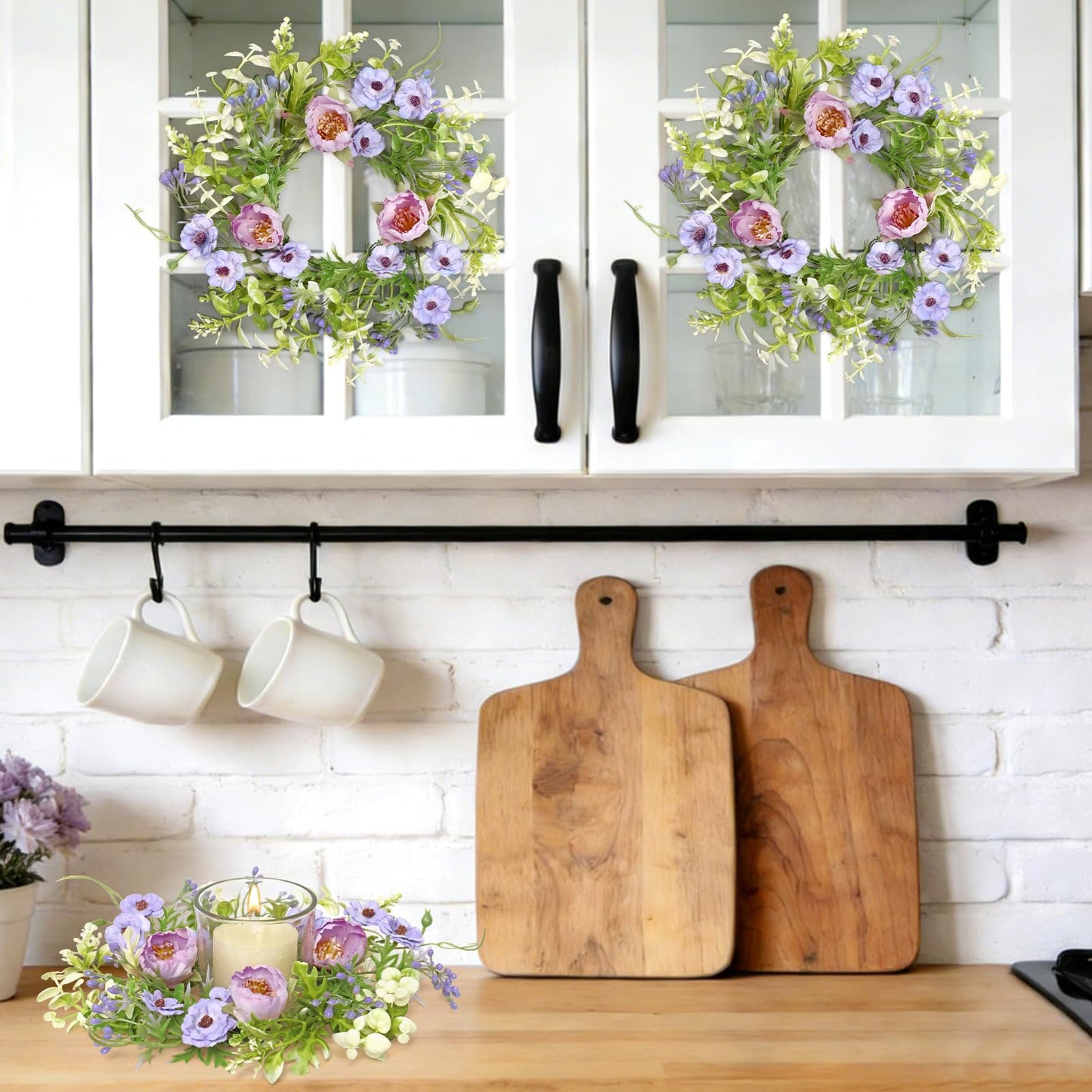 KHOYIME Floral Candle Rings Wreath 4PCS Small Spring Summer Purple Artificial Flowers Greenery Wreaths for Pillars, Mini Candle Holder Kitchen Cabinets Table Centerpieces Wedding Party Farmhouse Decor