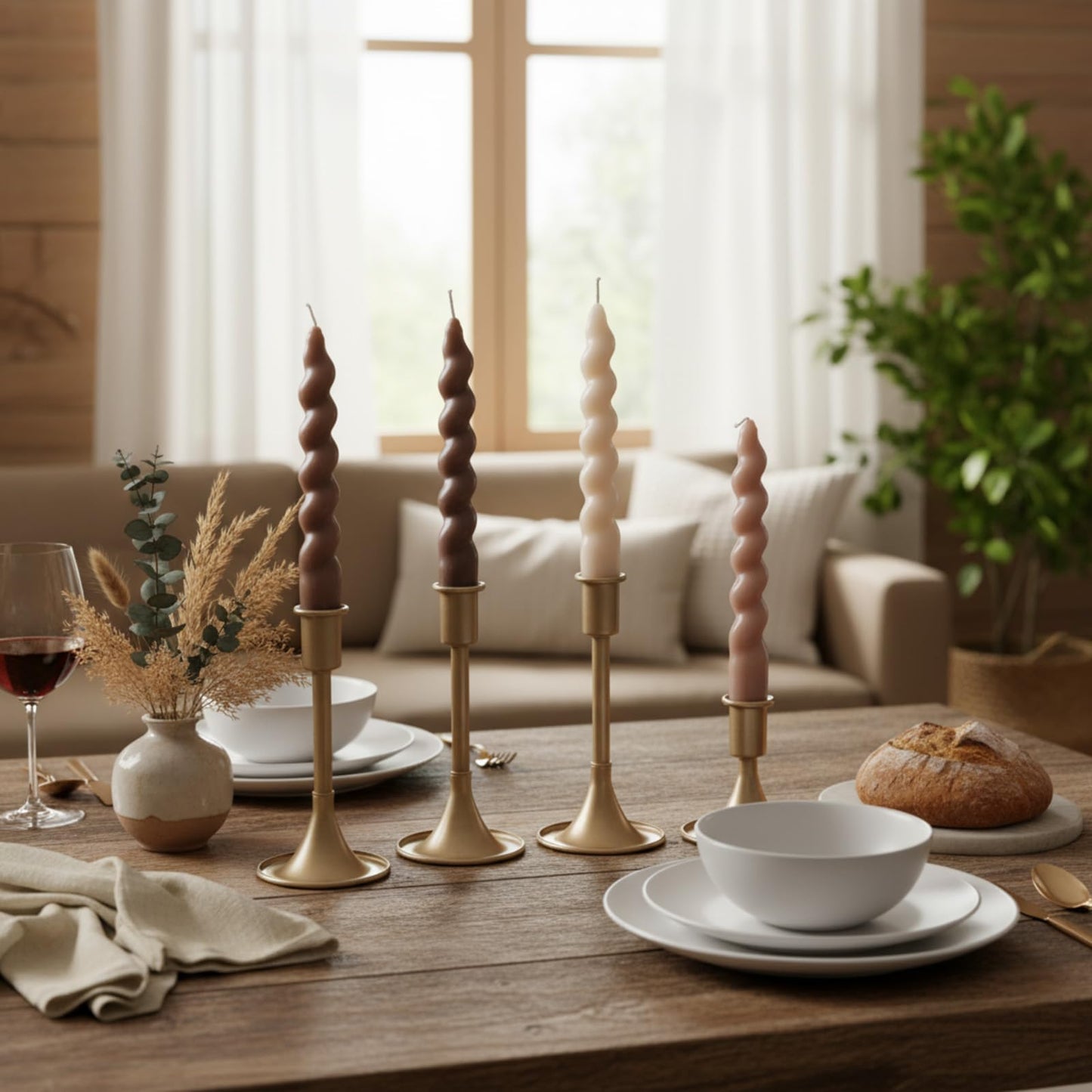 Zhengmy 4 Pcs Gradient Khaki Spiral Taper Candle 7 Inch Twisted Long Wax Dinner Candlestick for Fall Halloween Christmas Holiday Valentines Wedding Birthday Baby Shower Table Decor(Solid)