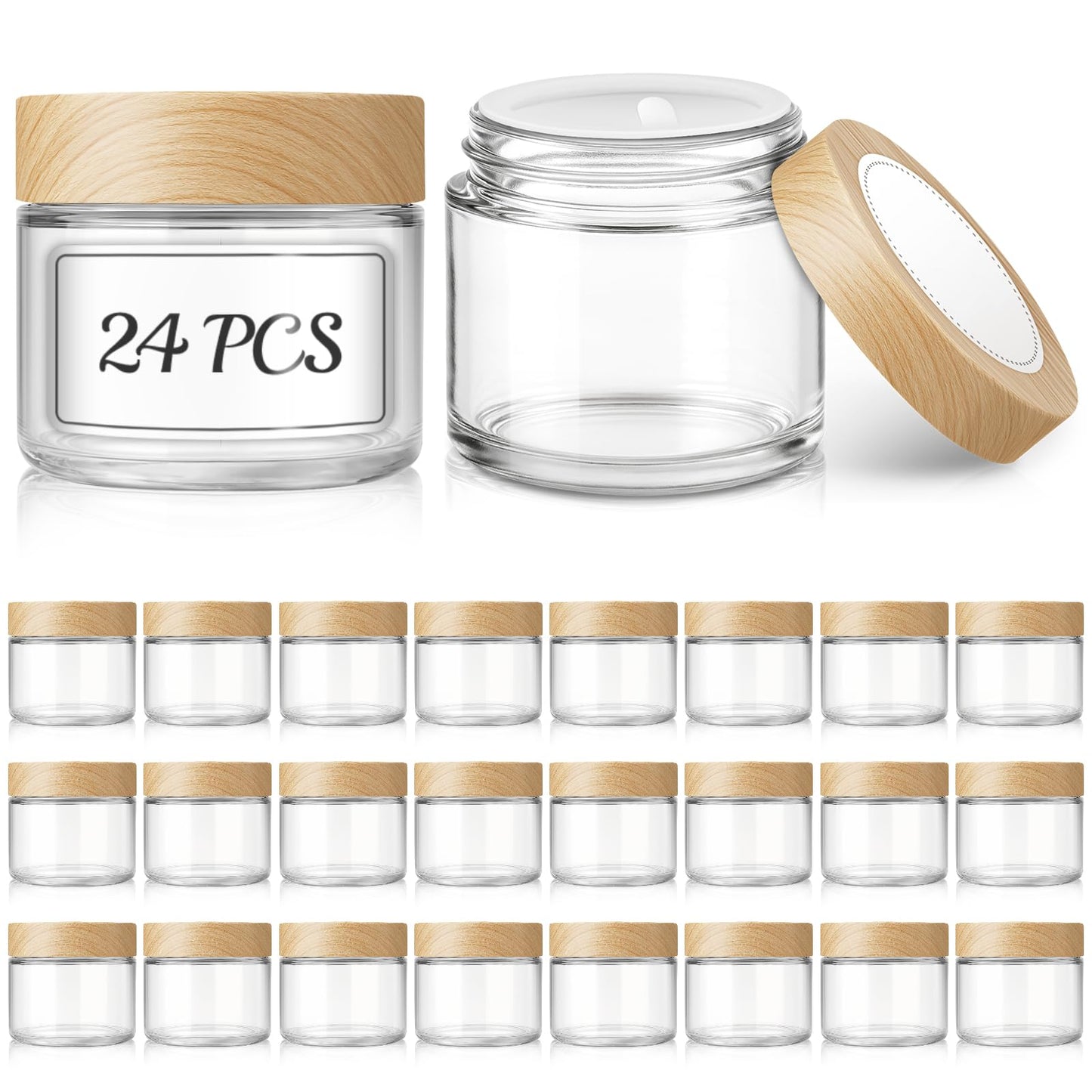 Bumobum 2 oz Small Glass Jars with Plastic Woodgrain Lids, 24 Pack Clear Glass Cosmetic Jars with Inner Liners, 60ml Refillable Empty Sample Containers for Cream, Salve, Powders and Lotion Storage