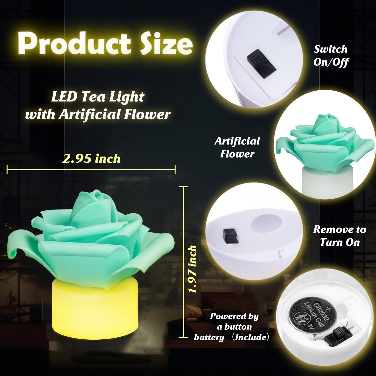 SupBri 12 Pack LED Tea Lights Candles with Artificial Rose Petals, Flameless Battery Operated Candles,Romantic Decorations Special Night Set for Valentines,Wedding Decor (Green, 12 Pack)