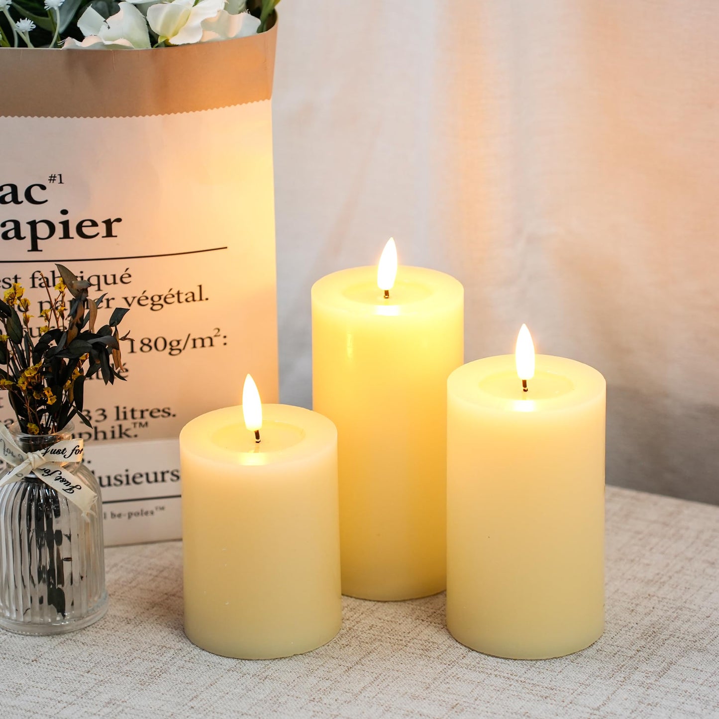 JHY DESIGN Flickering Flameless Candles Battery Operated with 10-Key Remote & 2/4/6/8-Hour Timer, Real Wax Pillar Grease Effect LED Candles Set for Chrismas/Home Decorations(Ivory)