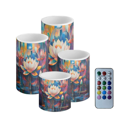 Cozeyat Vintage Lotus Flameless Candles 4 Pack Battery Operated LED Pillar Candles with Remote Control Timer Color Changing for Indoor Outdoor Wedding