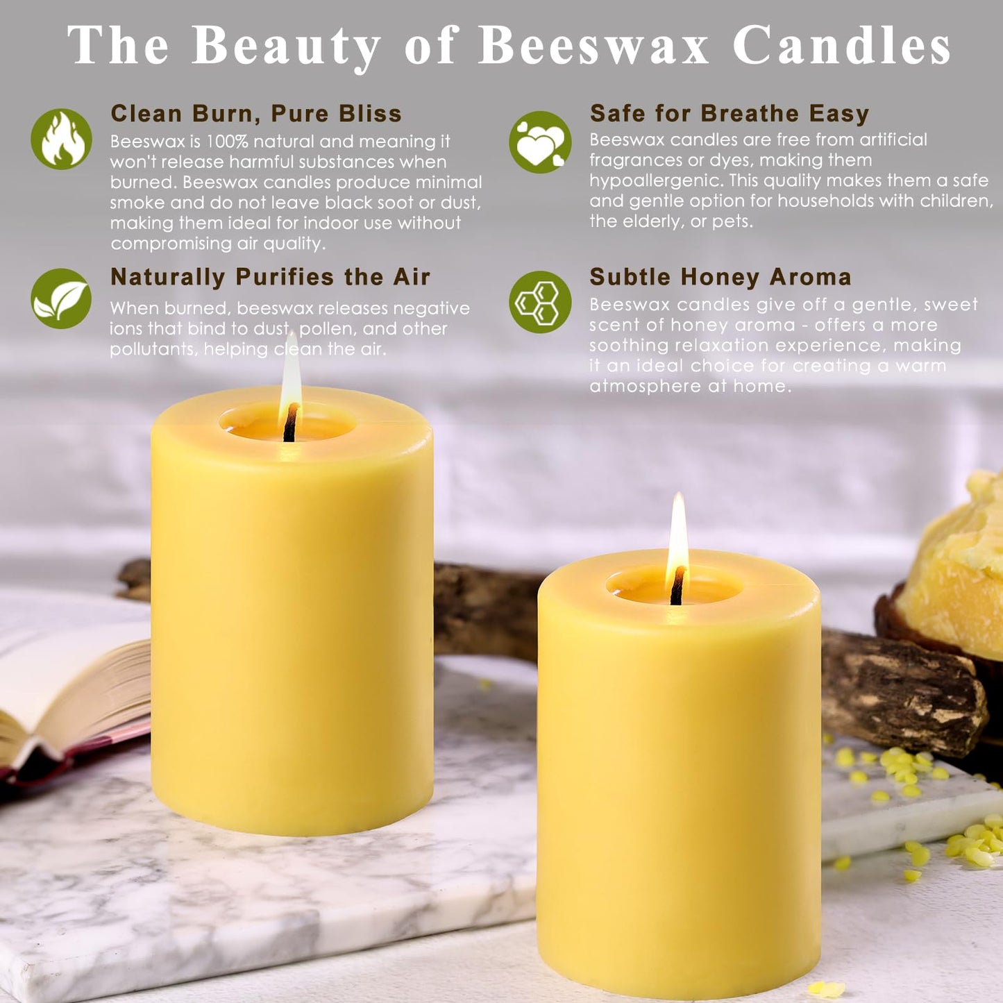 Natural Beeswax Candles Pillar 3x4 inch, 4 Packs Pure Beeswax Candle Non Toxic for Home Decor, Large Bees Wax Pillar Candle with 60 Hours Long Burning Time for Emergency, Meditation, Relax