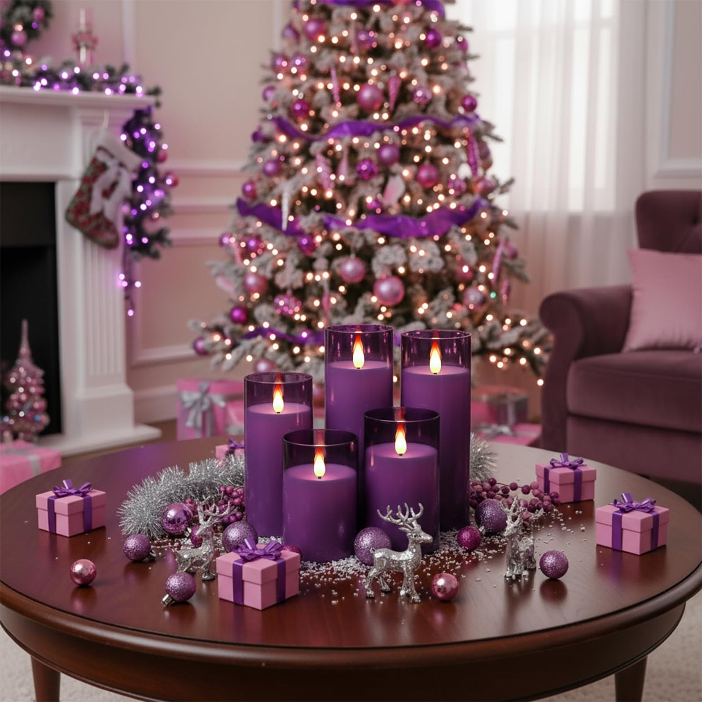 Homemory Purple Flickering Flameless Candles, Battery Operated Acrylic LED Pillar Candles with Remote Control and Timer, Purple Decor, Set of 5