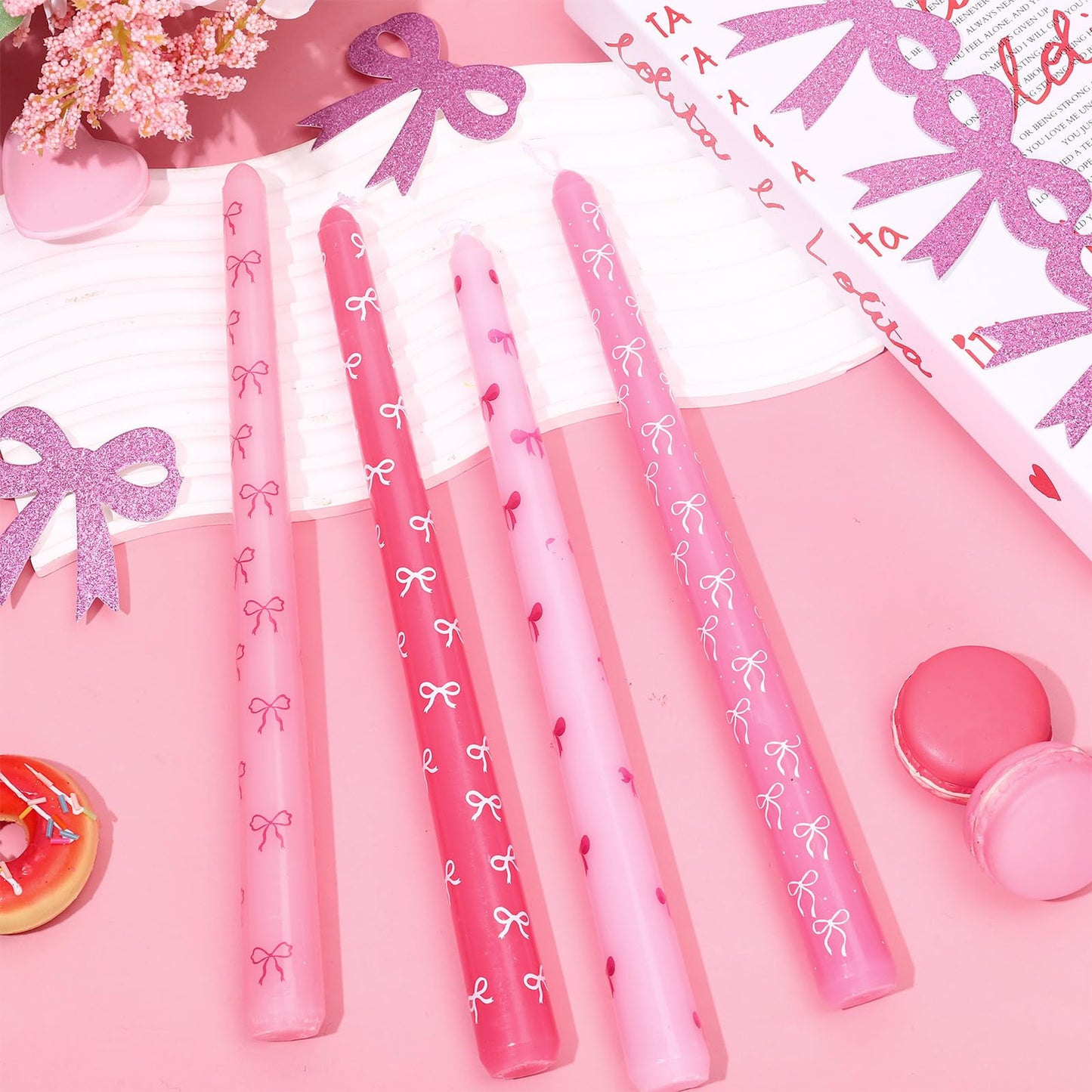 FYSUIMU 8 Pcs 10 Inch Mother's Day Pink Bow Taper Candles Gradient Pink Bowknot Wax Taper Candles Coquette Long Unscented Candle Sticks for Wedding Birthday Baby Shower Bachelorette Party Decor