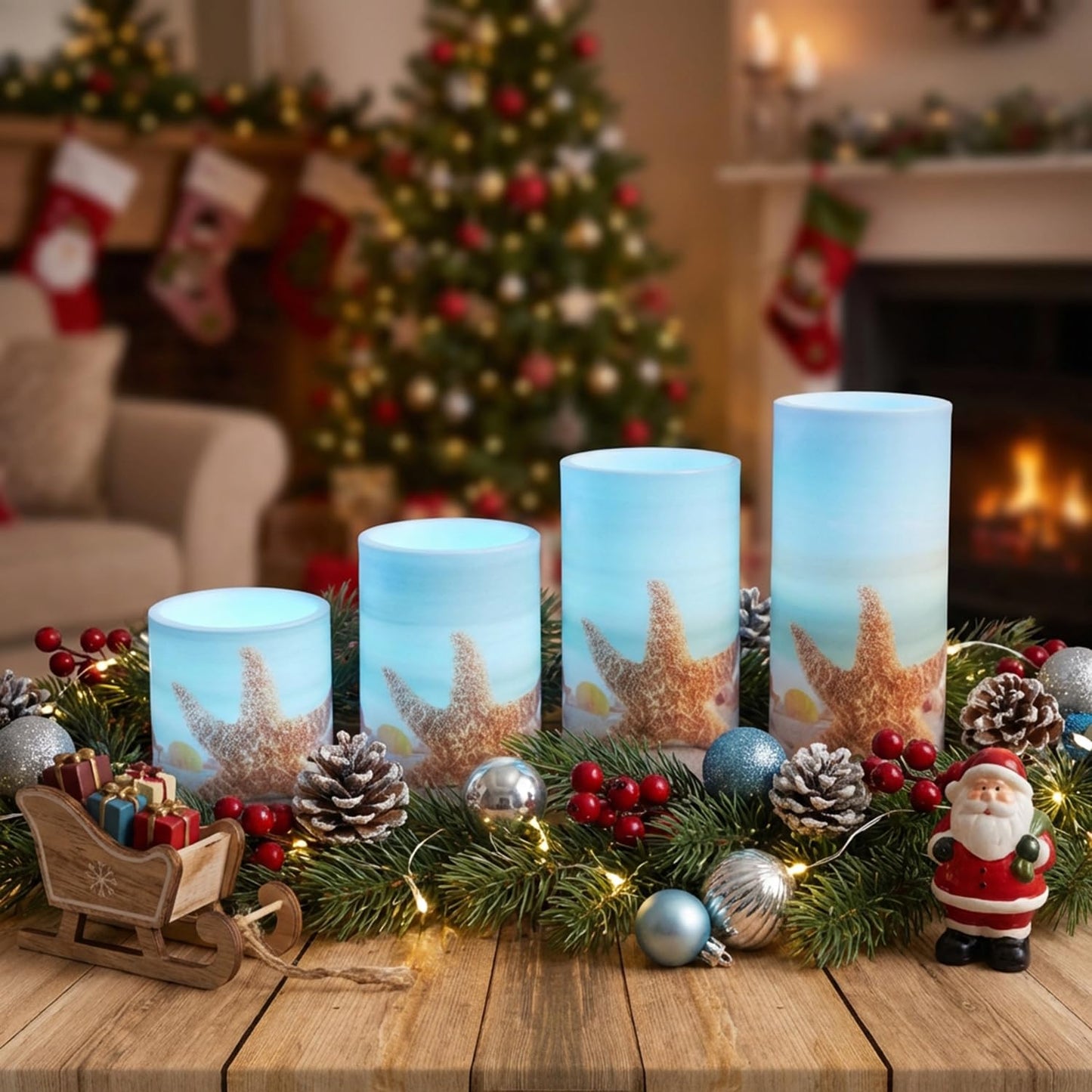 Aulaygo 4PCS Summer Starfish Flameless Candles with Timer Remote Control,LED Pillar Candles Set Battery Operated for Wedding Beach Party Holiday Home Decor
