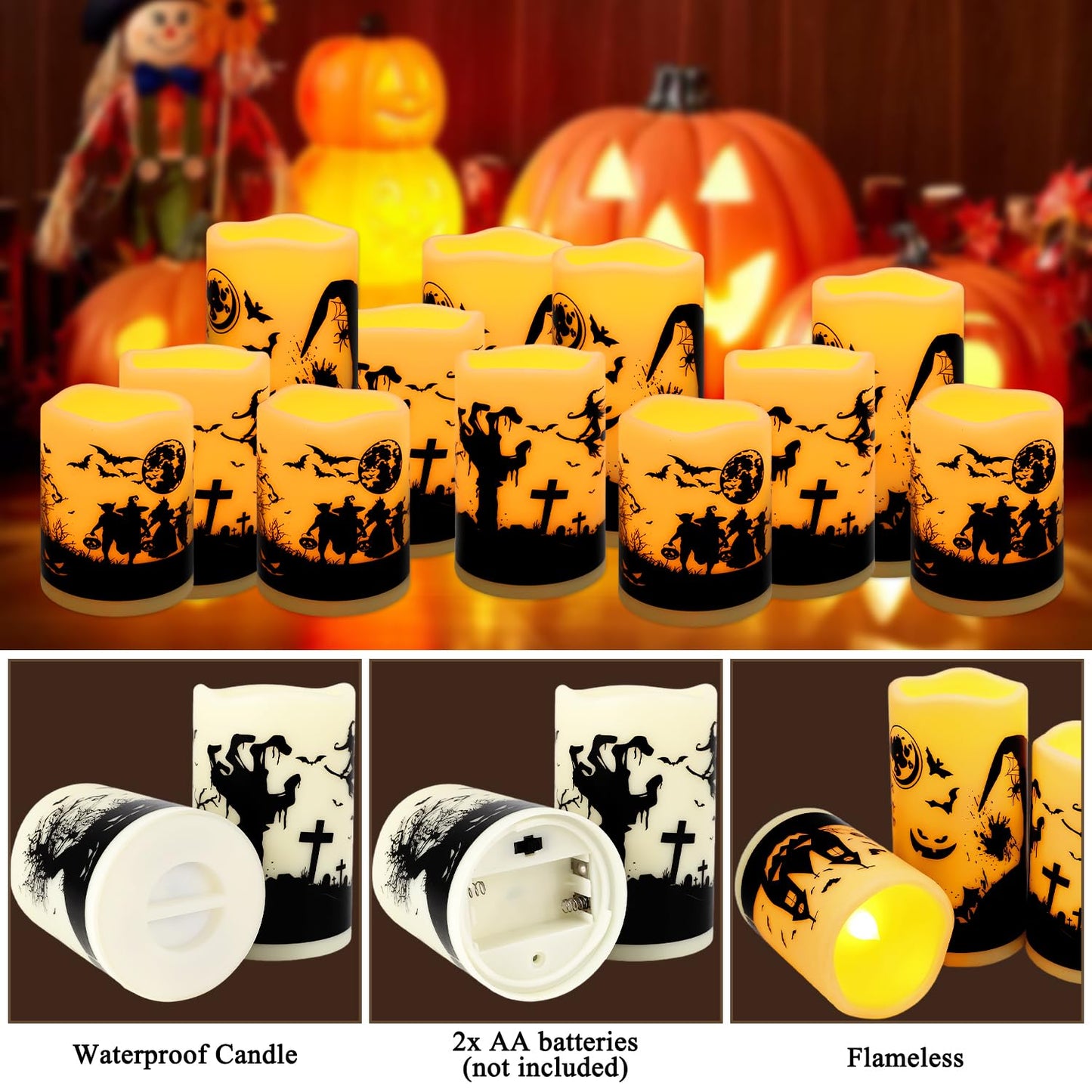 CAKETYCG 12-Pack Halloween Ink Painting Large Electronic Waxes with Remote Control, Flameless LED Candles for Halloween Spooky, Halloween Ambient Sense Artifacts.