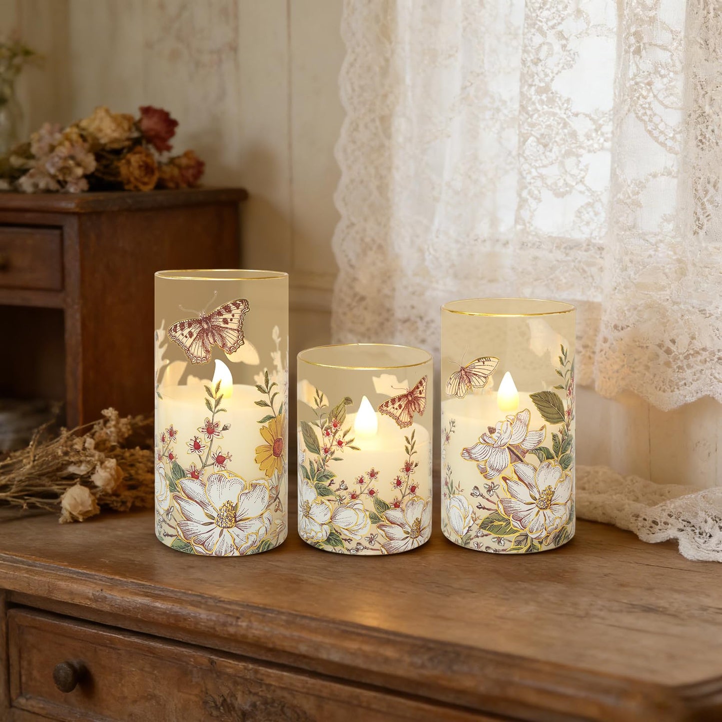 Impress Life Flameless Candles with Remote, 3PCS Butterfly Floral Glass Candles with 3D Flickering LED Wick, Battery Operated Candles for Spring Decor & Home