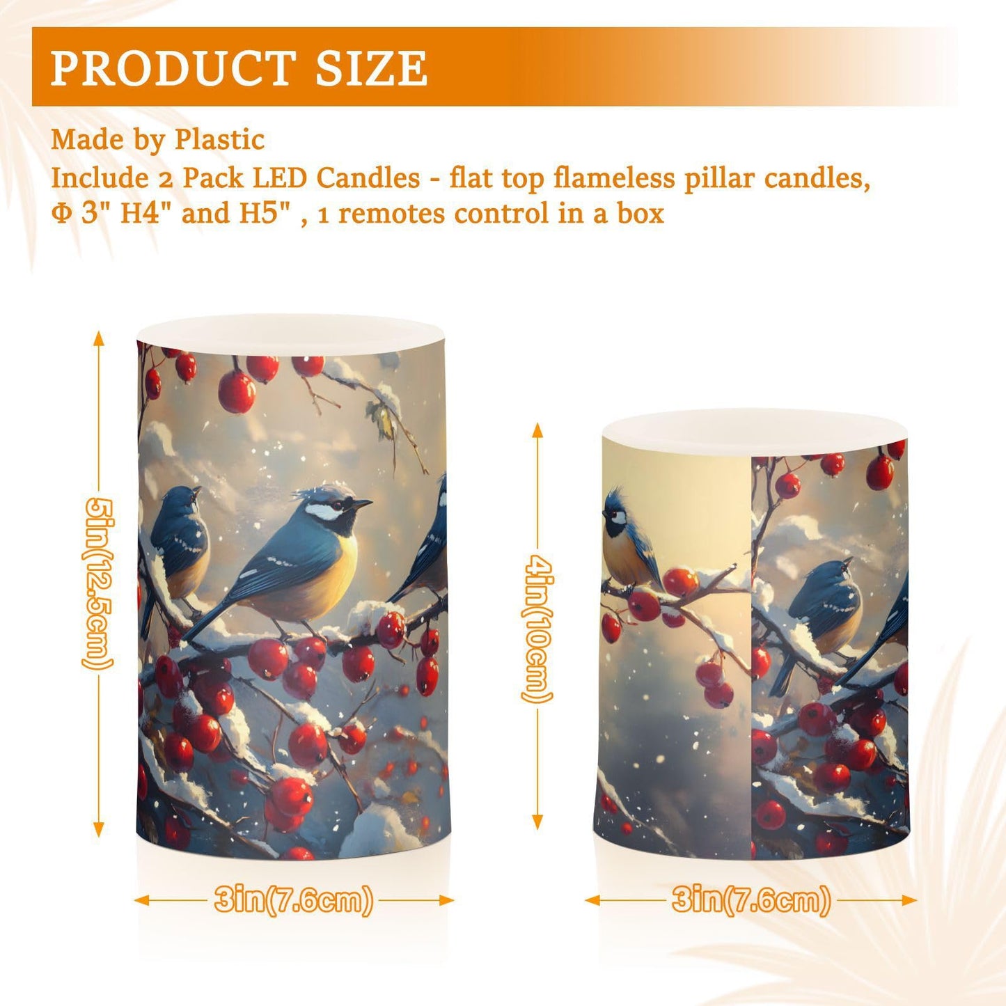 ALAZA Christmas Winter Birds Cherry Flickering Flameless Candles Battery Operated with Remote Timer,Tea Light Candles LED Pillar Votive Candles Set of 2 for Outdoor Indoor Decorations