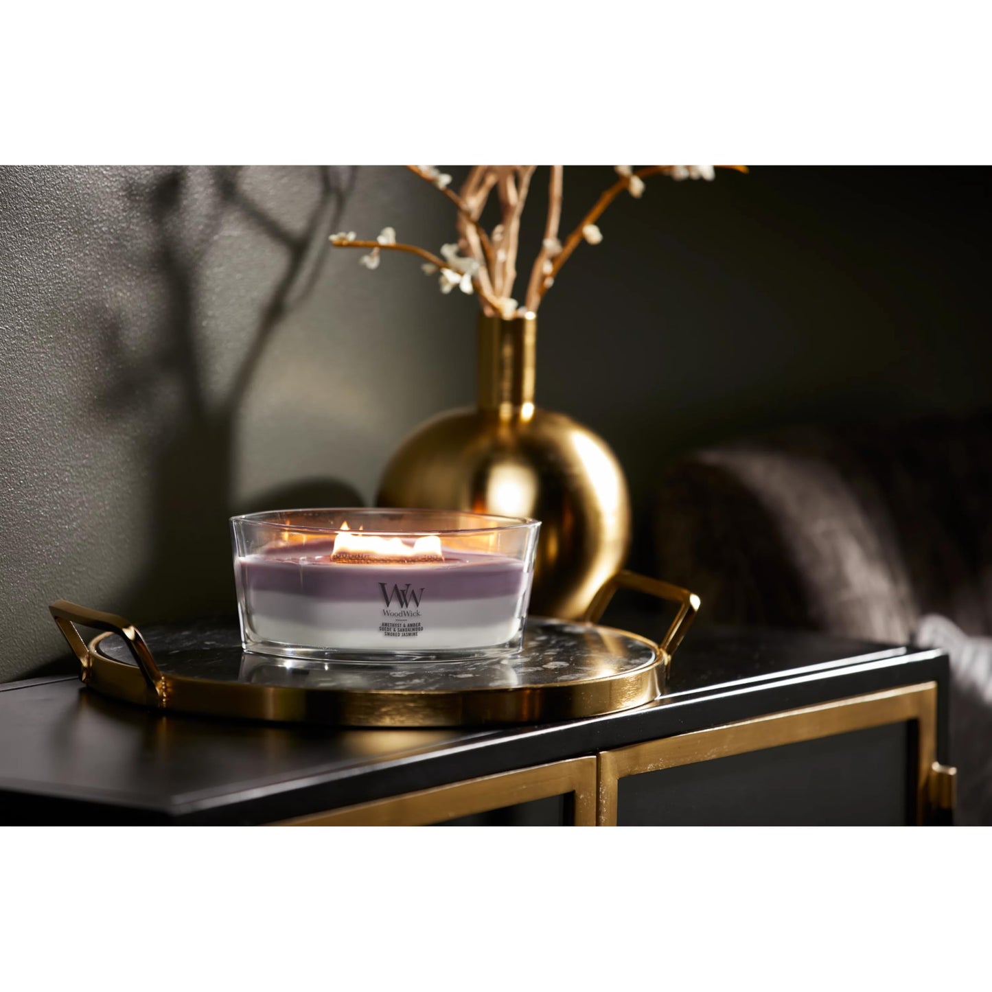 WoodWick Amethyst & Amber Gifts for Women and Men, 16 oz Ellipse Trilogy Candle with Crackling Wick