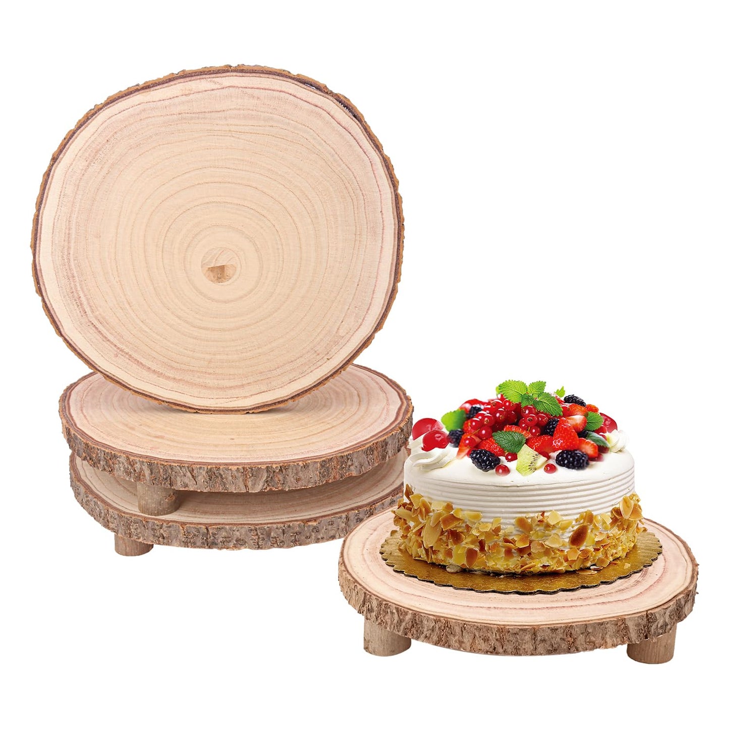 Geytetqi 4 PCS Wood Slice with Legs, 11-13 Inch Rustic Wood Cake Stand, Ideal for Weddings Table Centerpieces, Parties, Home Decorations and Special Events