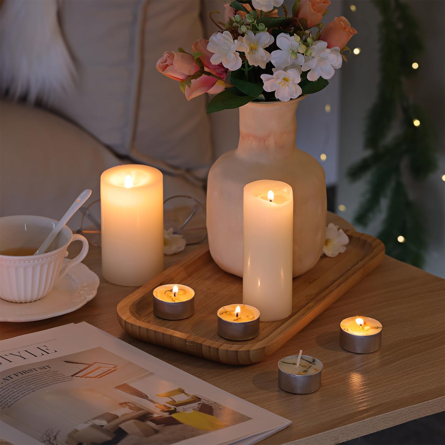 8 Pcs Jasmine Scented Tealight Candles, 6H Long Burning - 100% Palm Wax Based Scented Tea Lights with Dried Flowers, Non-Toxic/Smokeless Tea Lights Candles for Spa, Bath, Wedding