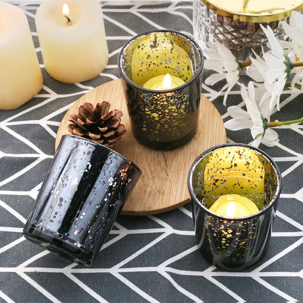 BTGLLAS Black Mercury Glass Tea Light Holders Set of 36 - Elegant Votive Candle Holders for Weddings, Showers and Home Decor - Perfect for Table Centerpieces and Parties (Glass, Black)