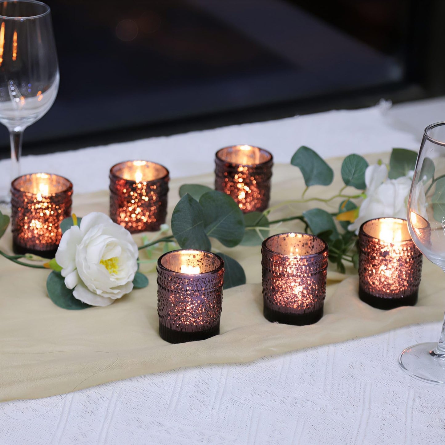 VOHO 12pcs Sunflower Purple Votive Candle Holders for Table Centerpiece, Mercury Tealight Candle Holder for Wedding Decor, Boho Tea Light Candle Holder Glass Gifts for Easter Halloween(2.1x2.6 In,W/H)