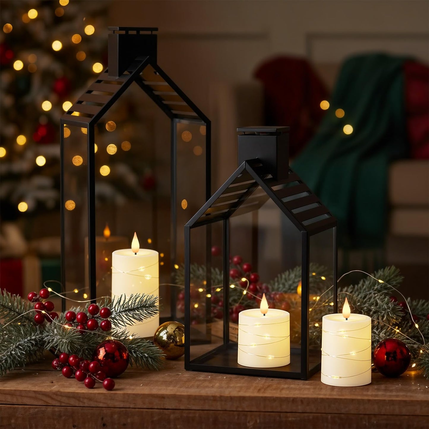 Raycare Flameless Candles with Remote Timer, Flickering Battery Operated LED Pillar Fake Candle with String Lights for Home Decor, Christmas, Wedding and Gift, Ivory, Set of 3