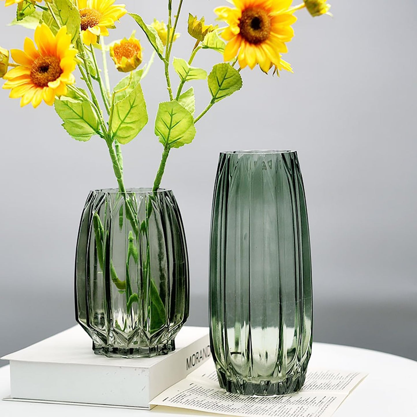 Lucky Bird Green Ribbed Glass Vase - Modern Tall/Short Centerpiece for Flowers, Candles & Decor (H12.0inch)