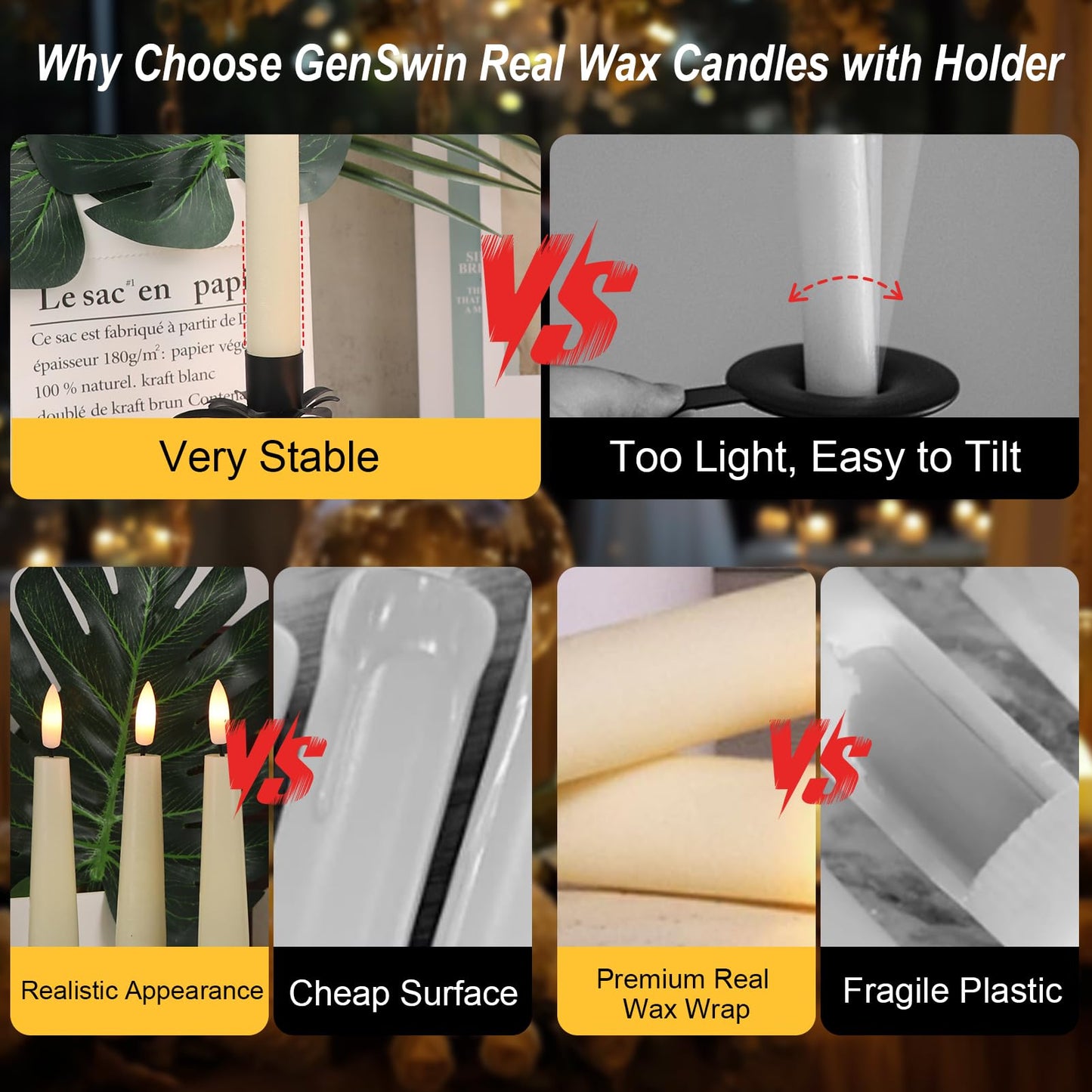 GenSwin Christmas Window Candles with Remote Timer, 3 Pcs Battery Operated Window Candles, Real Wax LED Flameless Taper Candle with Black Flameless Candlesticks for Home Decor(Ivory)