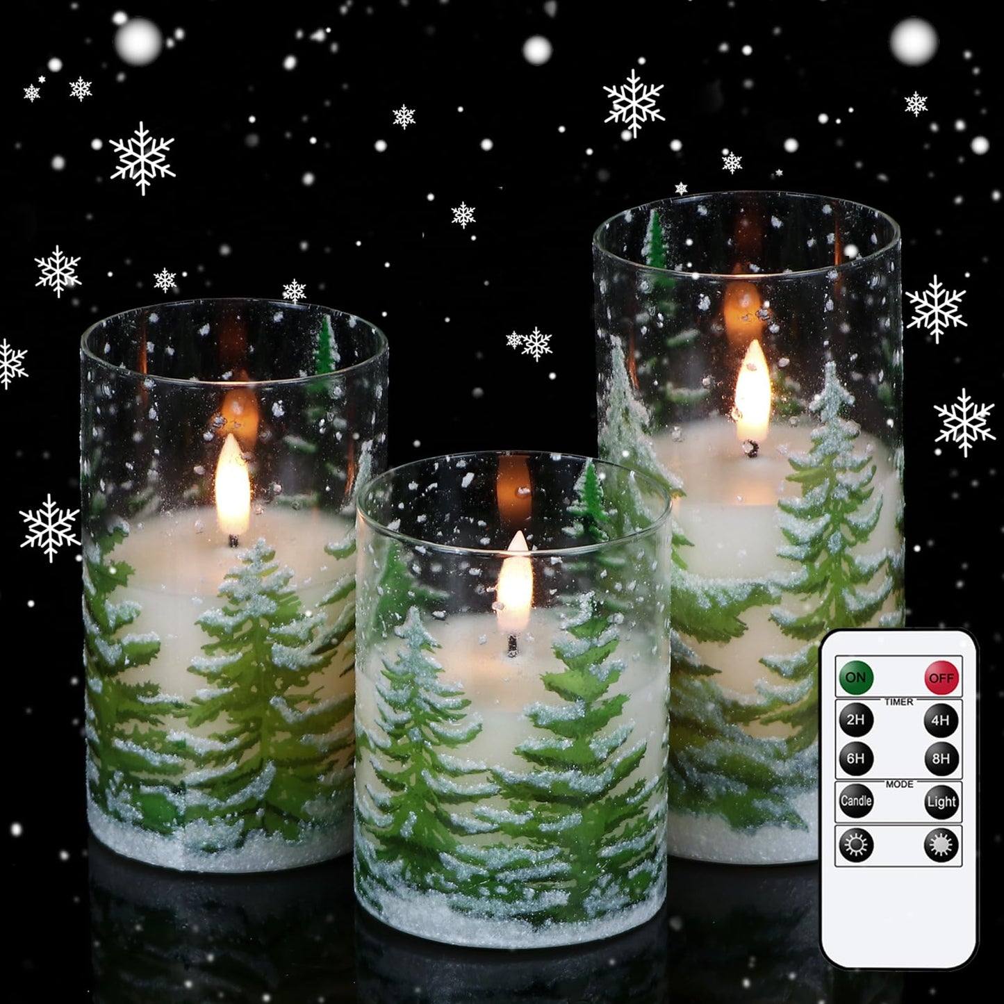 Wondise Christmas Tree Glass Flameless Candles, Battery Operated Flickering Candles with Remote and Timer, Real Wax LED Pillar Christmas Candles for Christmas Holiday Decor D3 x 4",5",6"