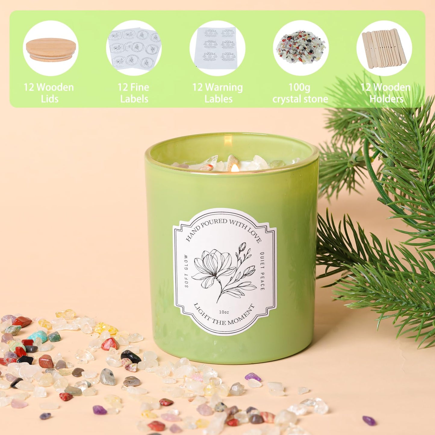 12Pcs Assorted Green Glass Candle Jars with Wooden Lids for Making Candles, 10 OZ Empty Candle Jars with Labels and 100g Crystal Rocks, Candle Making Supplies Candle Containers for Home DIY & GIFTS