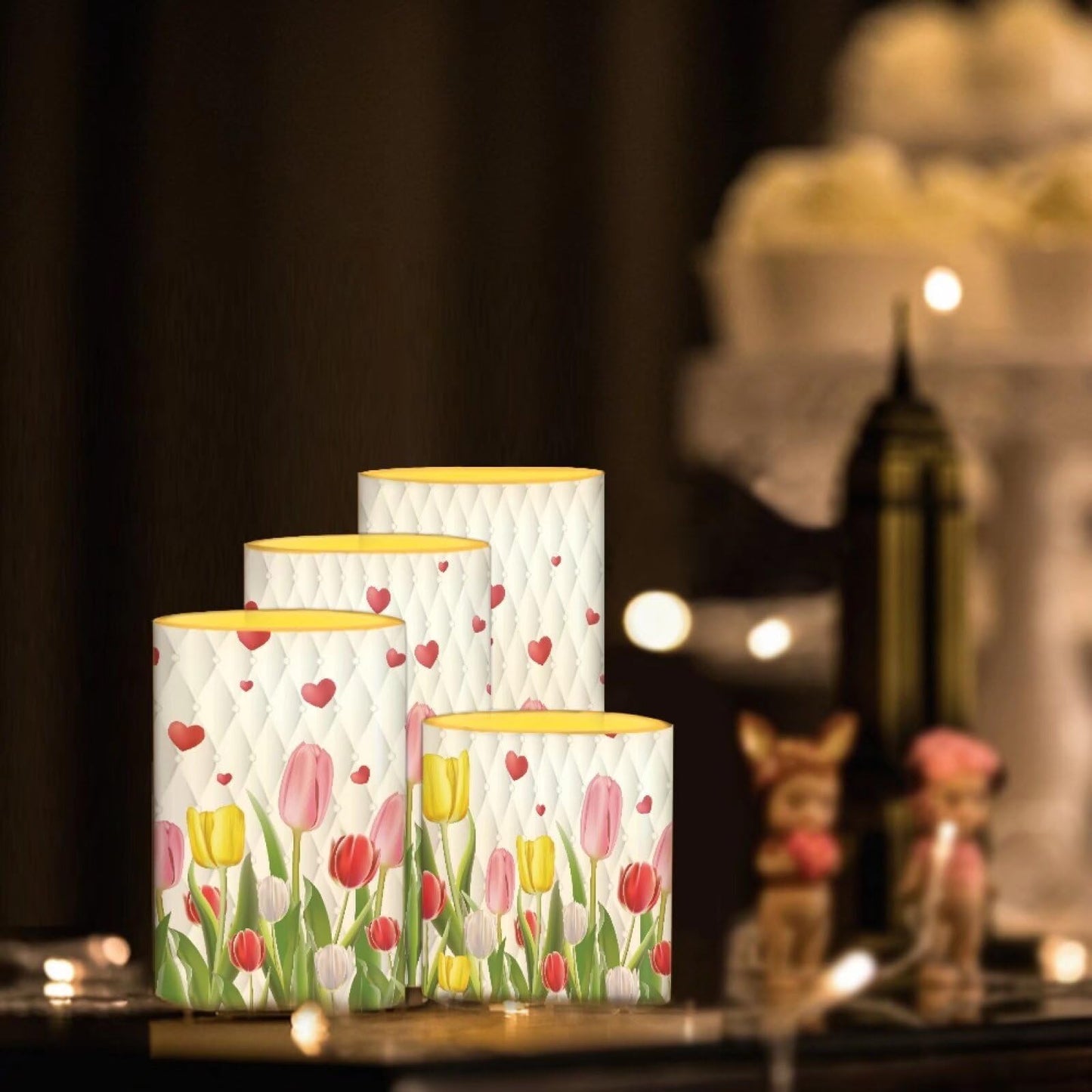 NEITLGEN Happy Easter Day Decor Flameless Candles with Remote, Flickering Battery LED Pillar Candles Set of 4, Easter Tulips Flowers Print