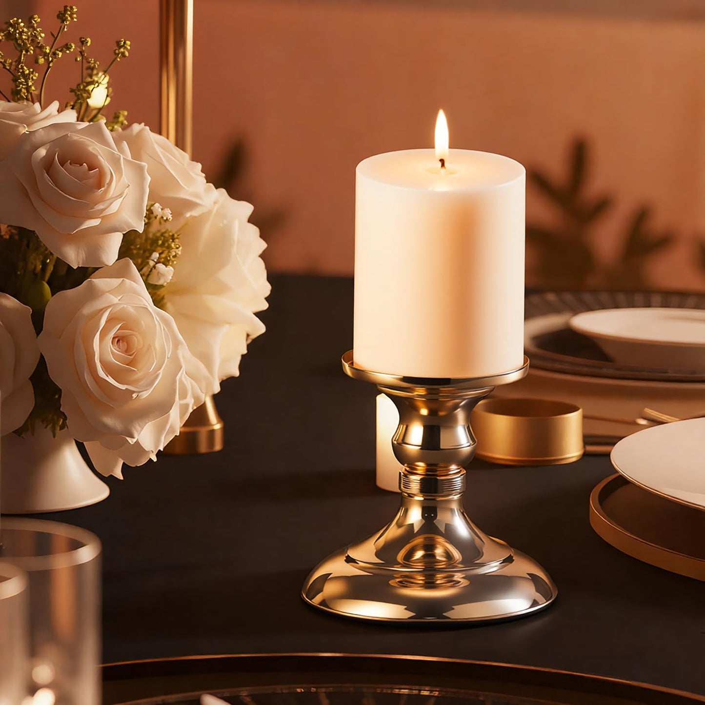 Pillar Candle Holder,Metal Candlestick Holders,Gold Candlesticks for Wedding Theme Party Table Centerpiece Decor Dining Room Birthday Holiday (Candlestick 6216- Small)