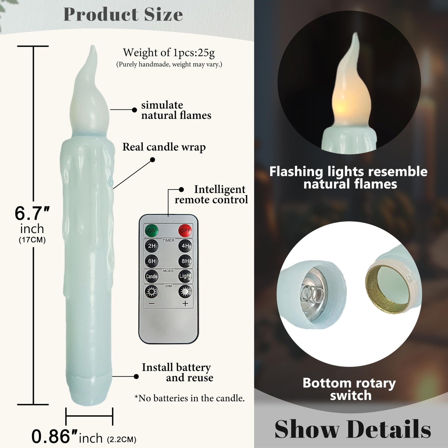FCMSHAMD Blue Flameless Short Taper Candles, Real Wax Hand Dipped LED Battery Operated with Remote, Flickering Flame Lights for Festival Party Home Décor, 6.7 Inch Primitive Flameless Candles, 4PCS