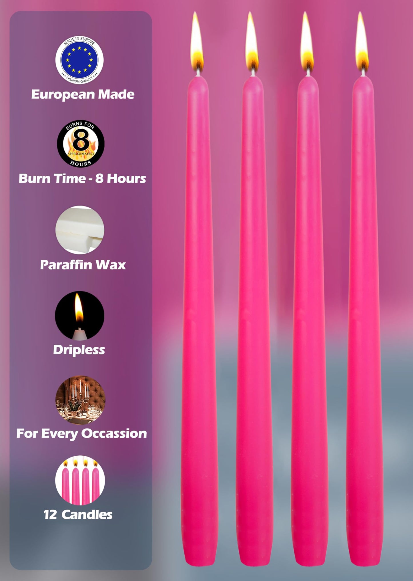Hyoola 12 Pack Tall Taper Candles - 10 Inch Hot Pink - Fuchsia Dripless, Unscented Dinner Candle - Paraffin Wax with Cotton Wicks - 8 Hour Burn Time