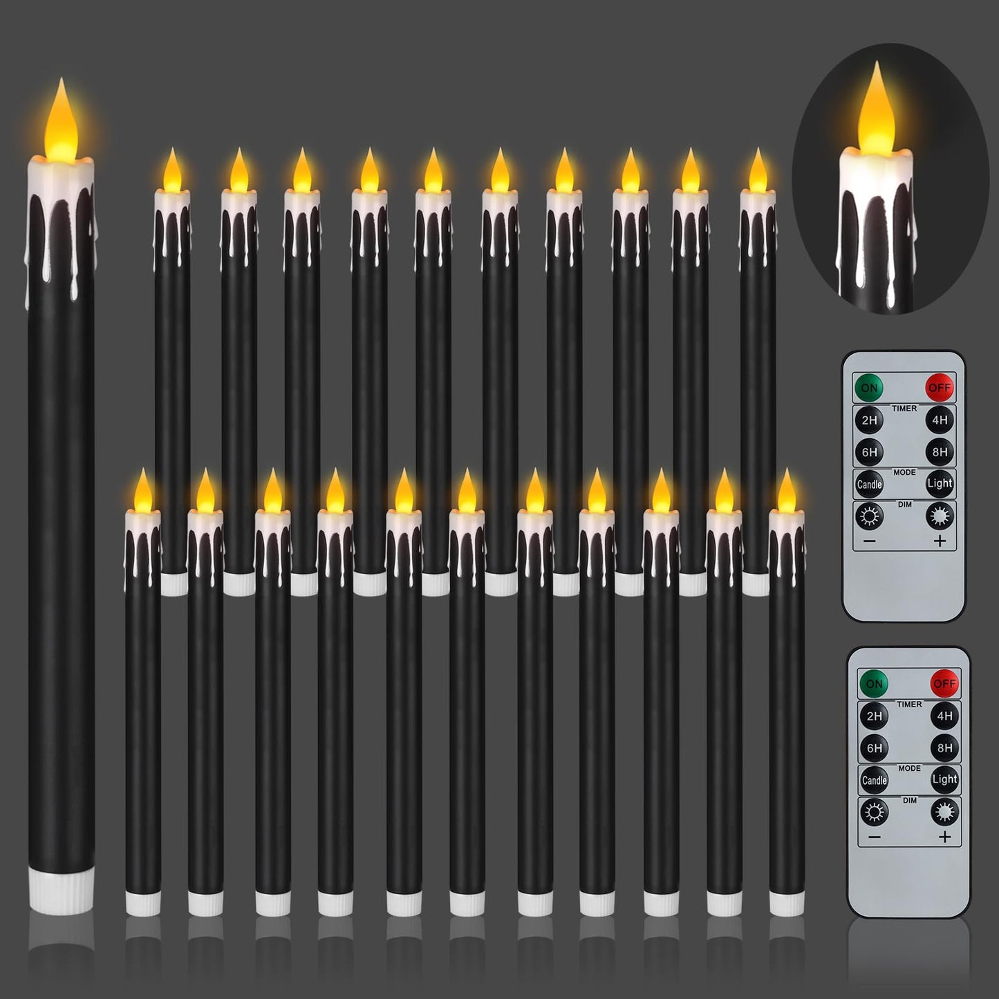 wemarry Flameless Taper Candles 10.6" Dripless Battery Operated Taper Candles Included Remote Timer 400+ Hours by 2AA Batteries for Halloween Christmas Wedding (Black+White, 24 Pack)