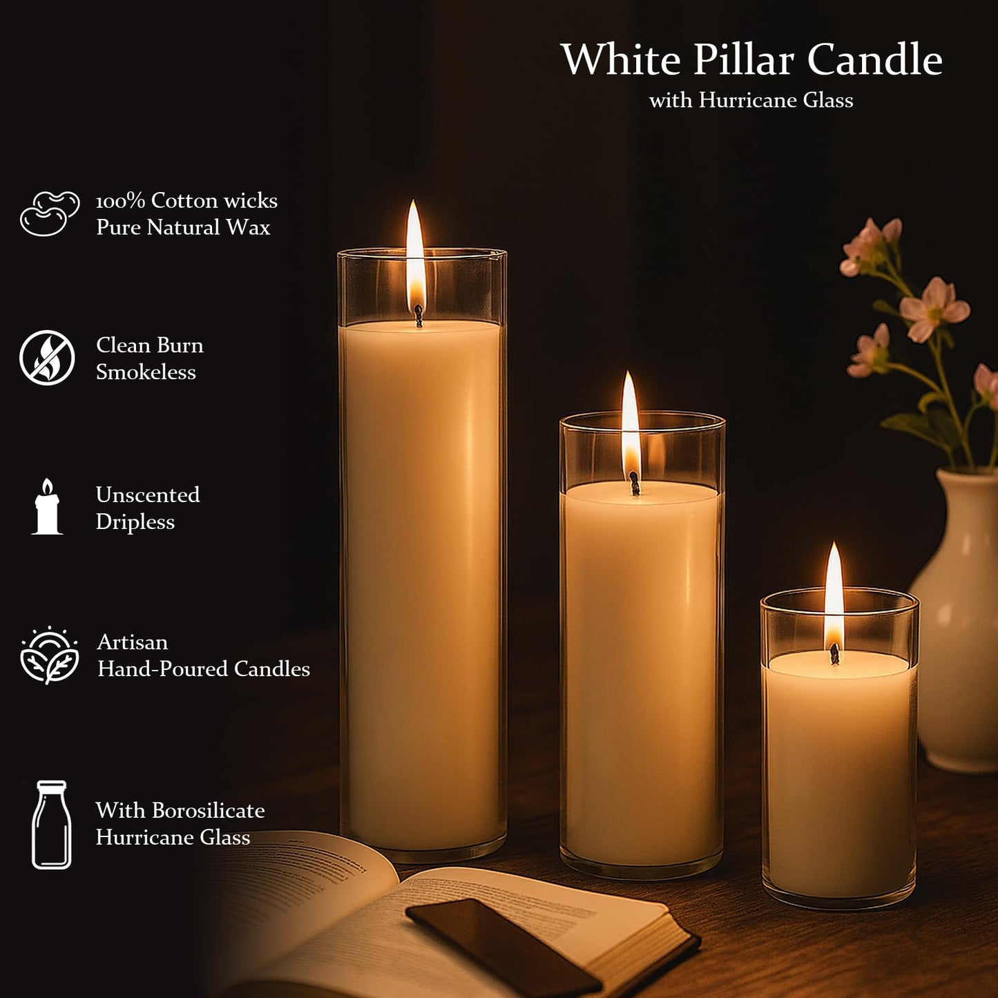 Trxvxo 18 PCS Pillar White Candles in Glass,Hurricane Candles,Wedding Cylinder Candle,3 Different Lengths 2 x 3/6/8 Inch (6 Each),Creating an Atmosphere Suitable for Various Outdoor Activities.
