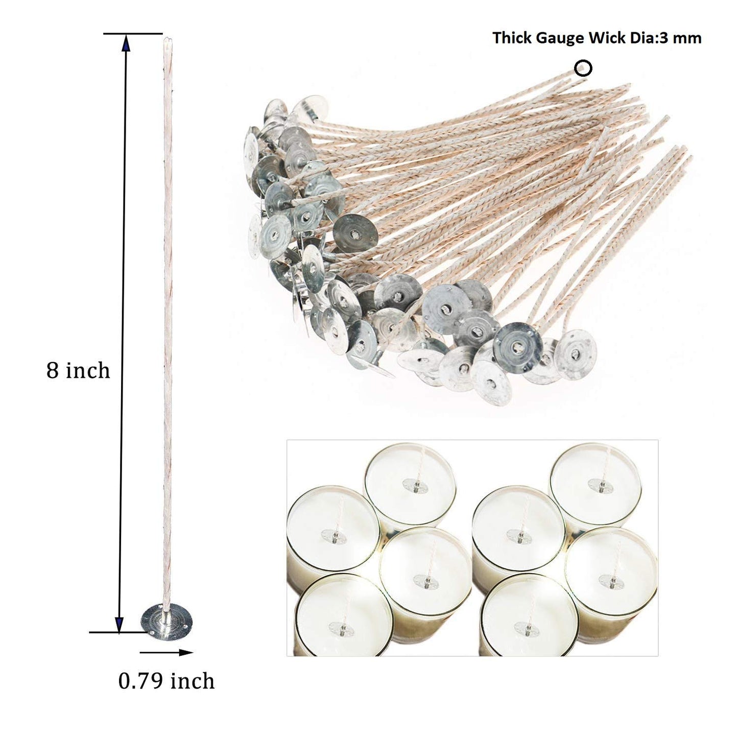 MILIVIXAY 100pcs 8inch Soy Candle Wicks for Candle Making - Coated with Natural Soy Wax, Low Smoke - Cotton Threads Woven with Paper -Thick Candle Wick with Base.