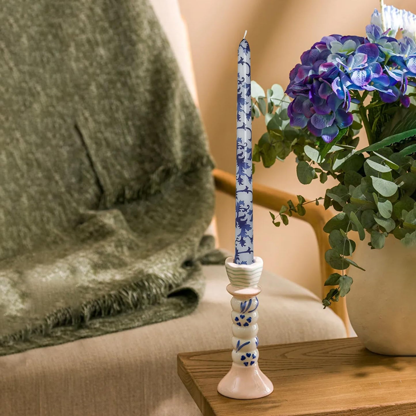 Foloral Prints Taper Candles Blue and White Porcelain Handmade Candle 10 Inch Unscented Long Candlesticks Smokelss for Decor & Gifts Set of 4
