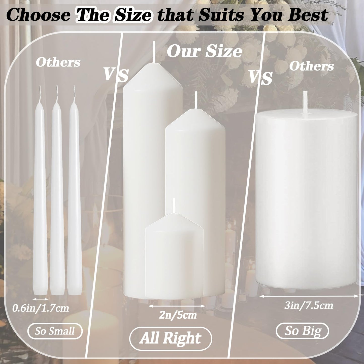 Trxvxo White Pillar Candles Bulk Set of 36，Hurricane Candles，3 Different Lengths 2 x 3/6/8 Inch (12 Each)，Dripless Unscented Smokeless，Gives You a Better Atmosphere When Organizing an Event Party.